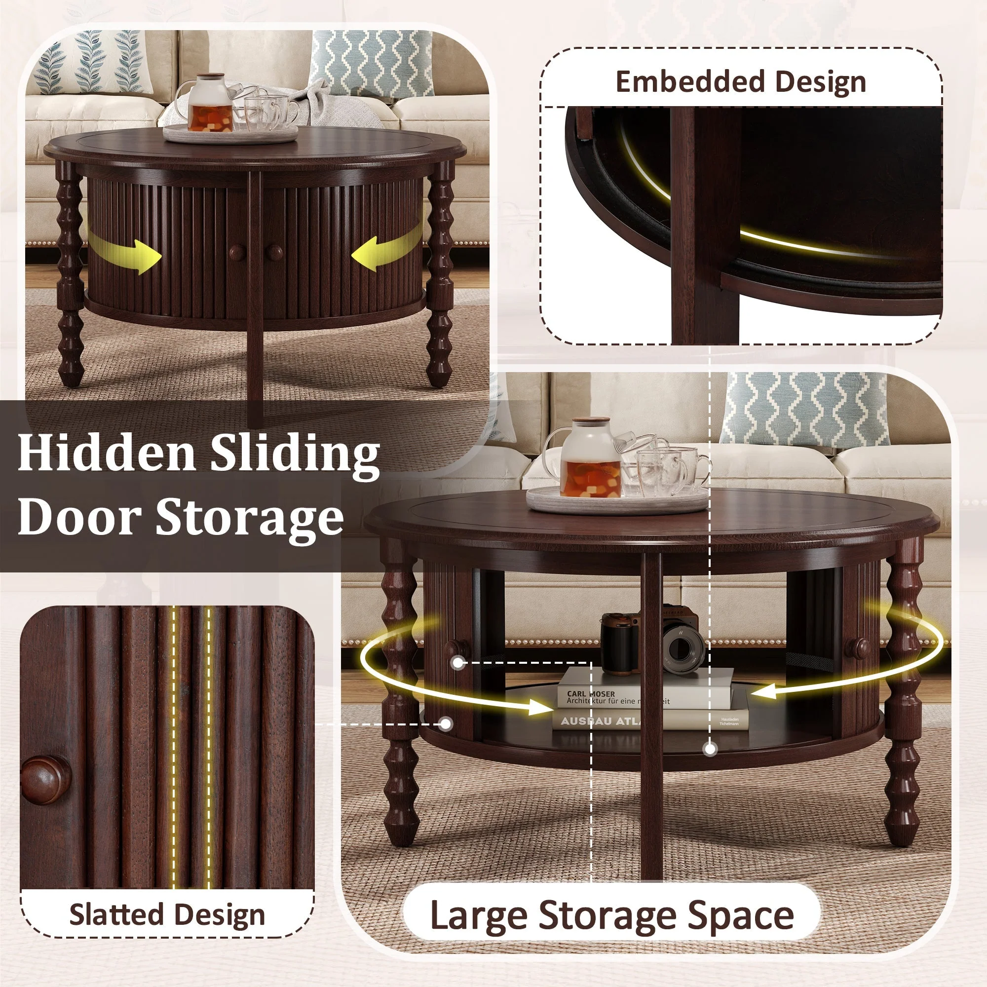 Vintage Round Coffee Table with Storage in Walnut - Image 9
