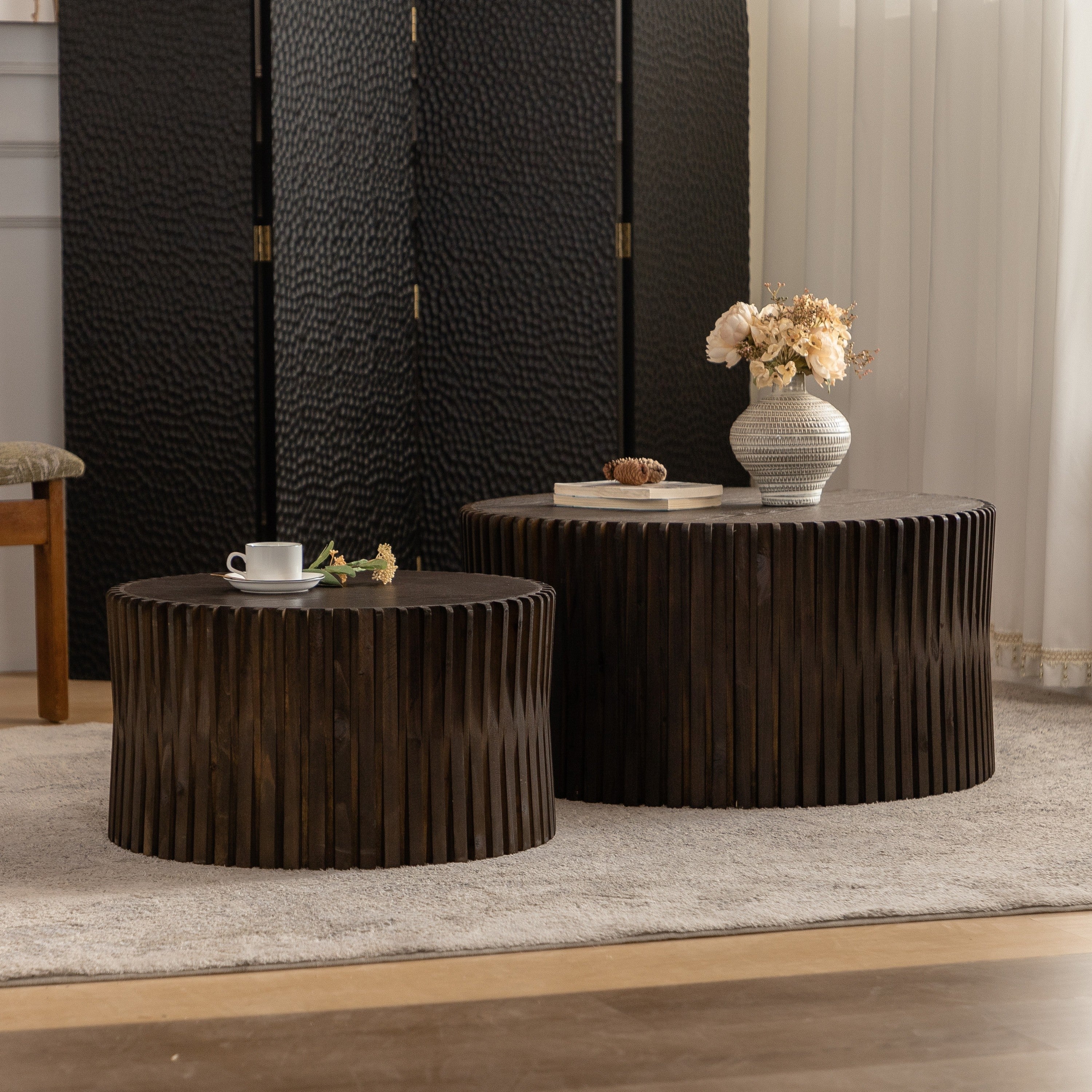 Vintage Style Cylindrical Nesting Coffee Table Set with Textured Embossed Design - Image 2