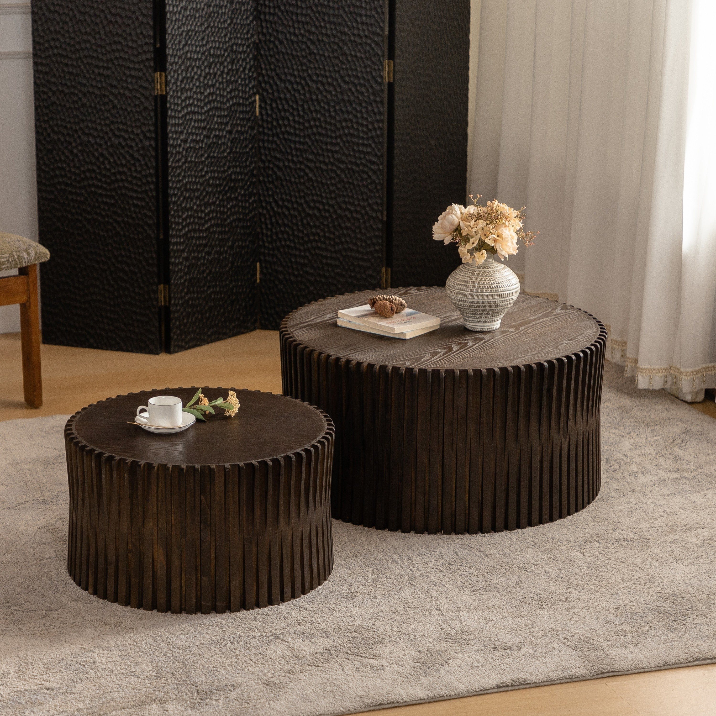 Vintage Style Cylindrical Nesting Coffee Table Set with Textured Embossed Design - Image 4