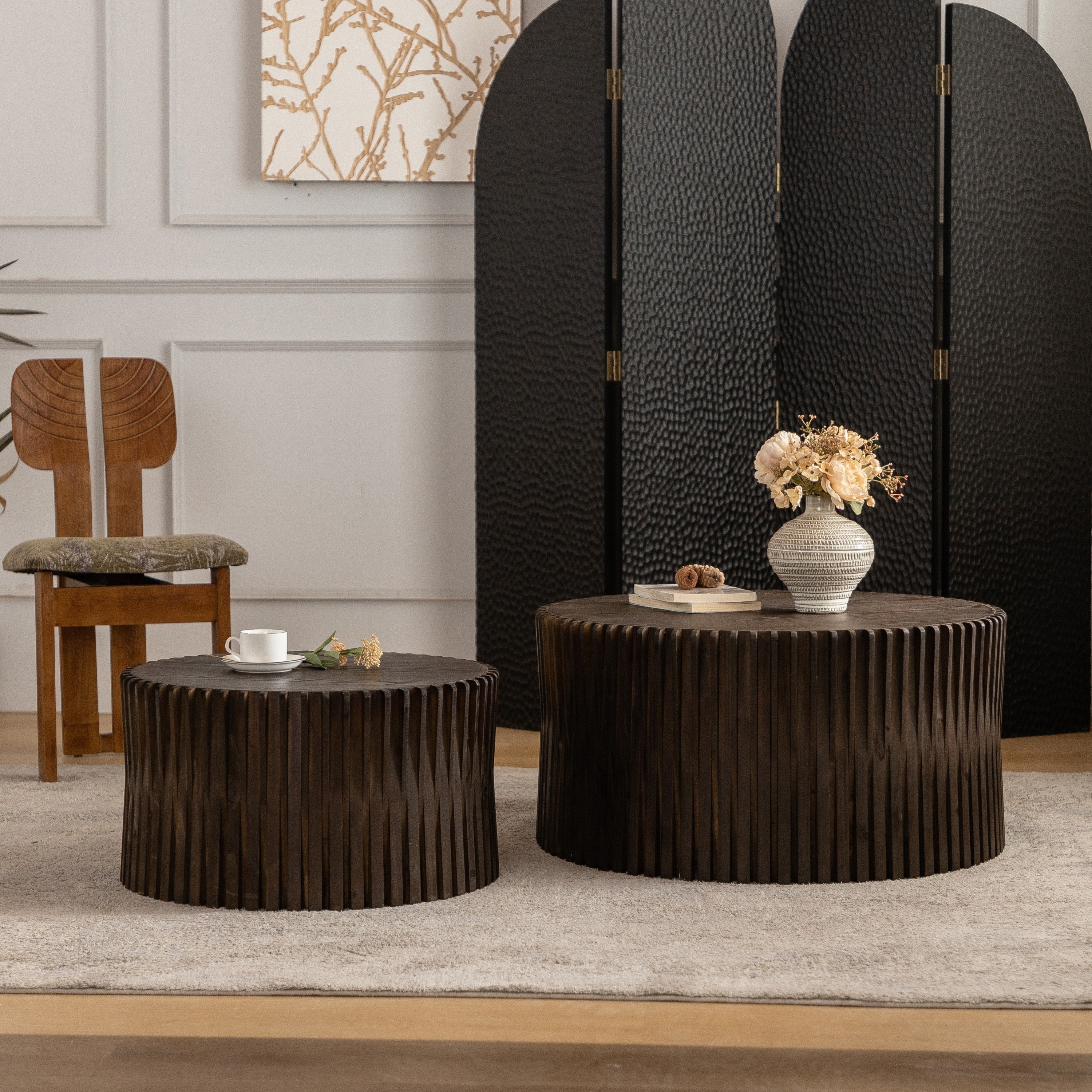 Vintage Style Cylindrical Nesting Coffee Table Set with Textured Embossed Design - Image 5