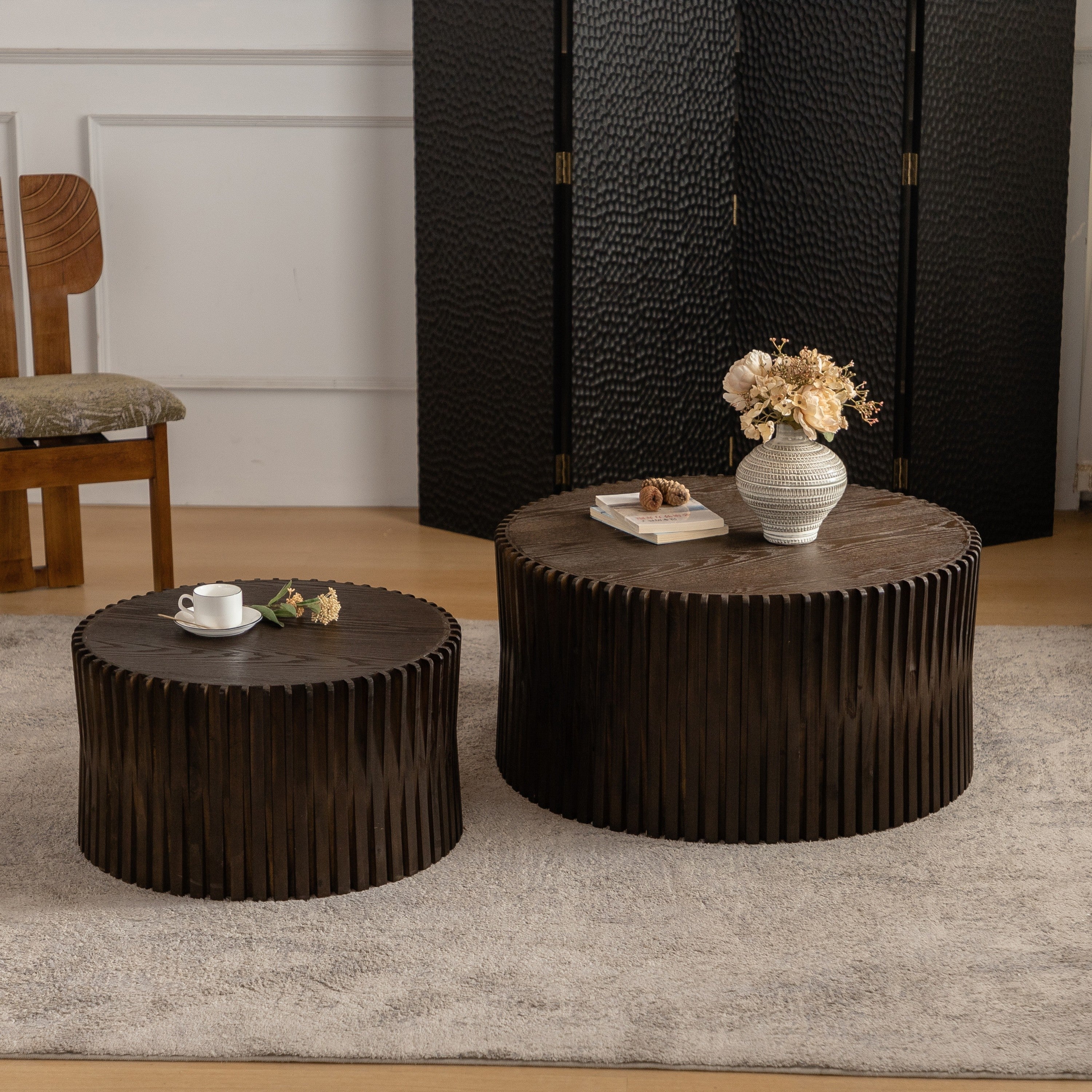 Vintage Style Cylindrical Nesting Coffee Table Set with Textured Embossed Design - Image 6
