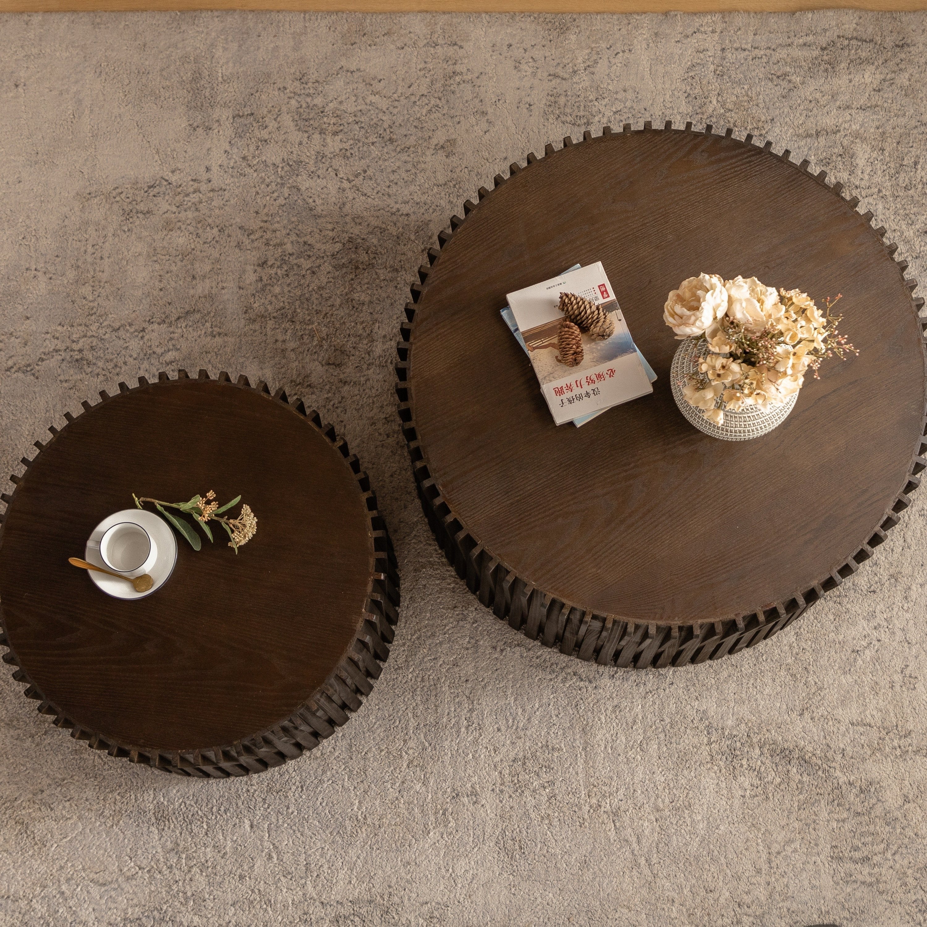 Vintage Style Cylindrical Nesting Coffee Table Set with Textured Embossed Design - Image 7