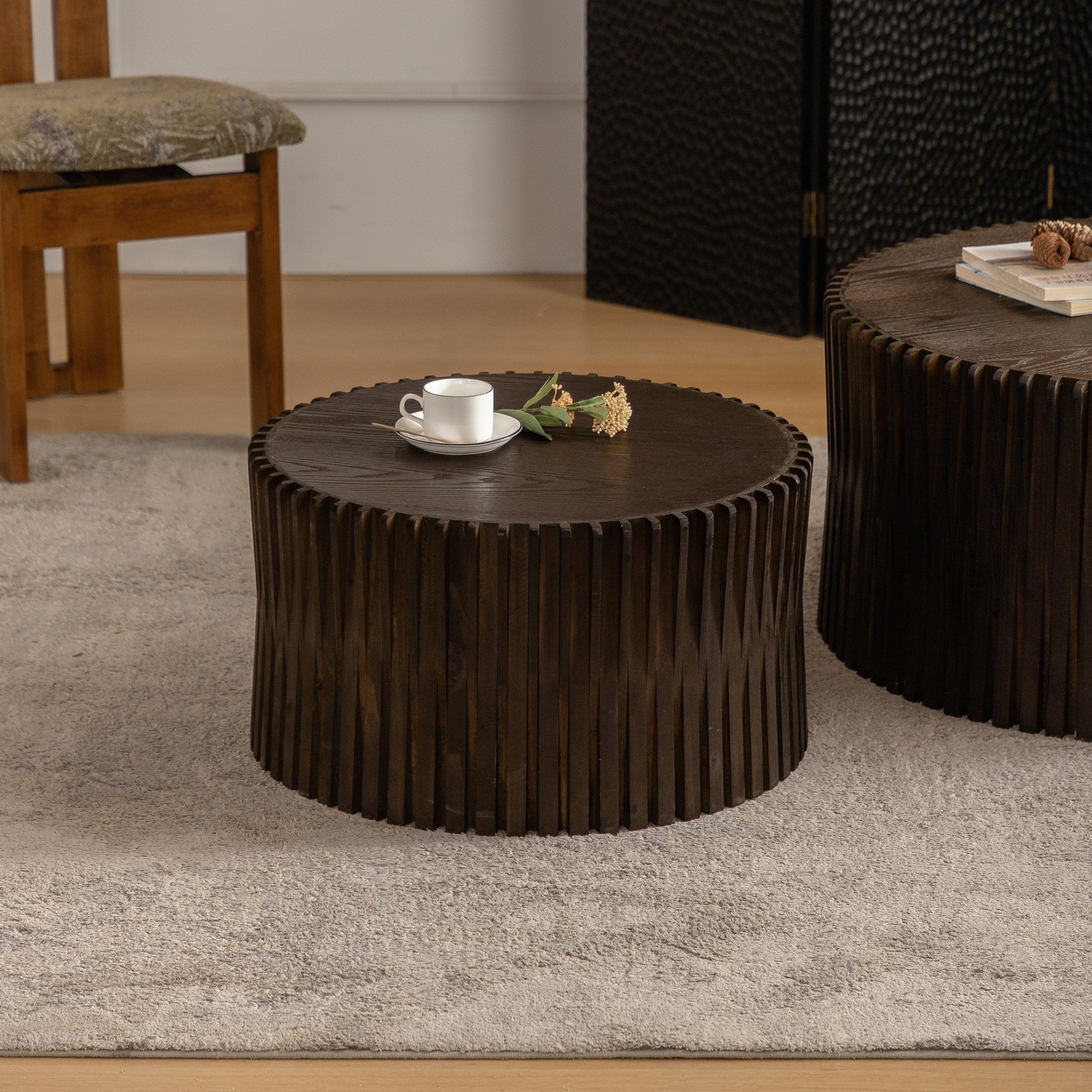 Vintage Style Cylindrical Nesting Coffee Table Set with Textured Embossed Design - Image 9