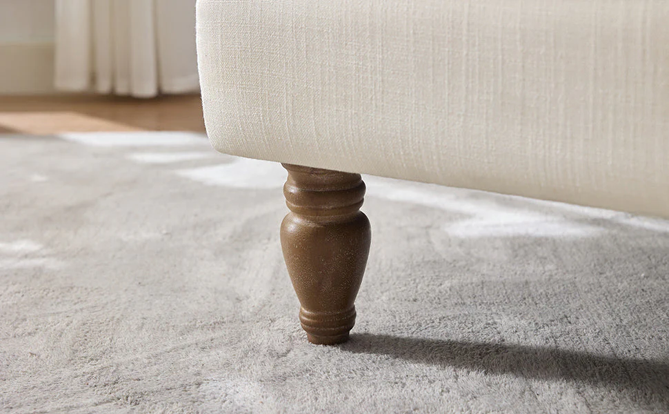 Vintage Upholstered Linen Fabric Armchair with Antique Solid Wood Legs - Image 10