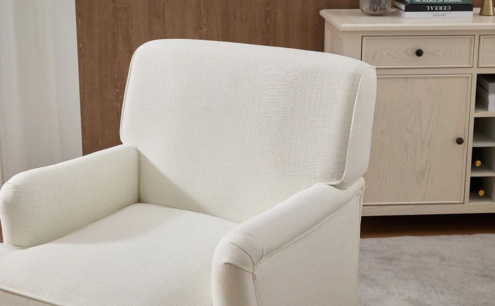 Vintage Upholstered Linen Fabric Armchair with Antique Solid Wood Legs - Image 11