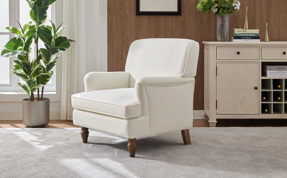 Vintage Upholstered Linen Fabric Armchair with Antique Solid Wood Legs - Image 12