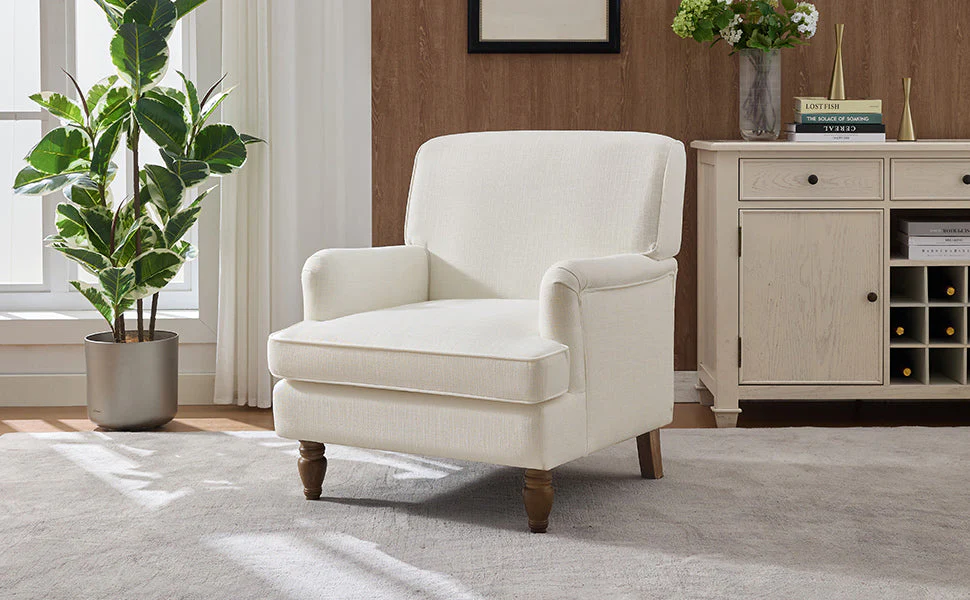 Vintage Upholstered Linen Fabric Armchair with Antique Solid Wood Legs - Image 13