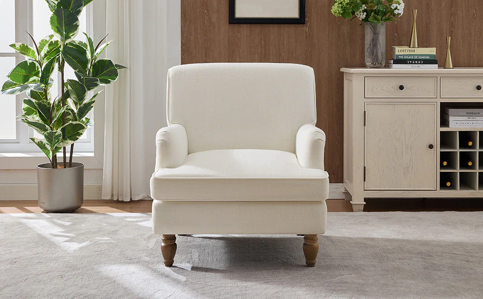 Vintage Upholstered Linen Fabric Armchair with Antique Solid Wood Legs - Image 14