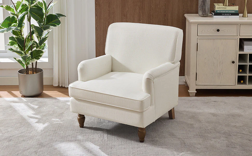 Vintage Upholstered Linen Fabric Armchair with Antique Solid Wood Legs - Image 15