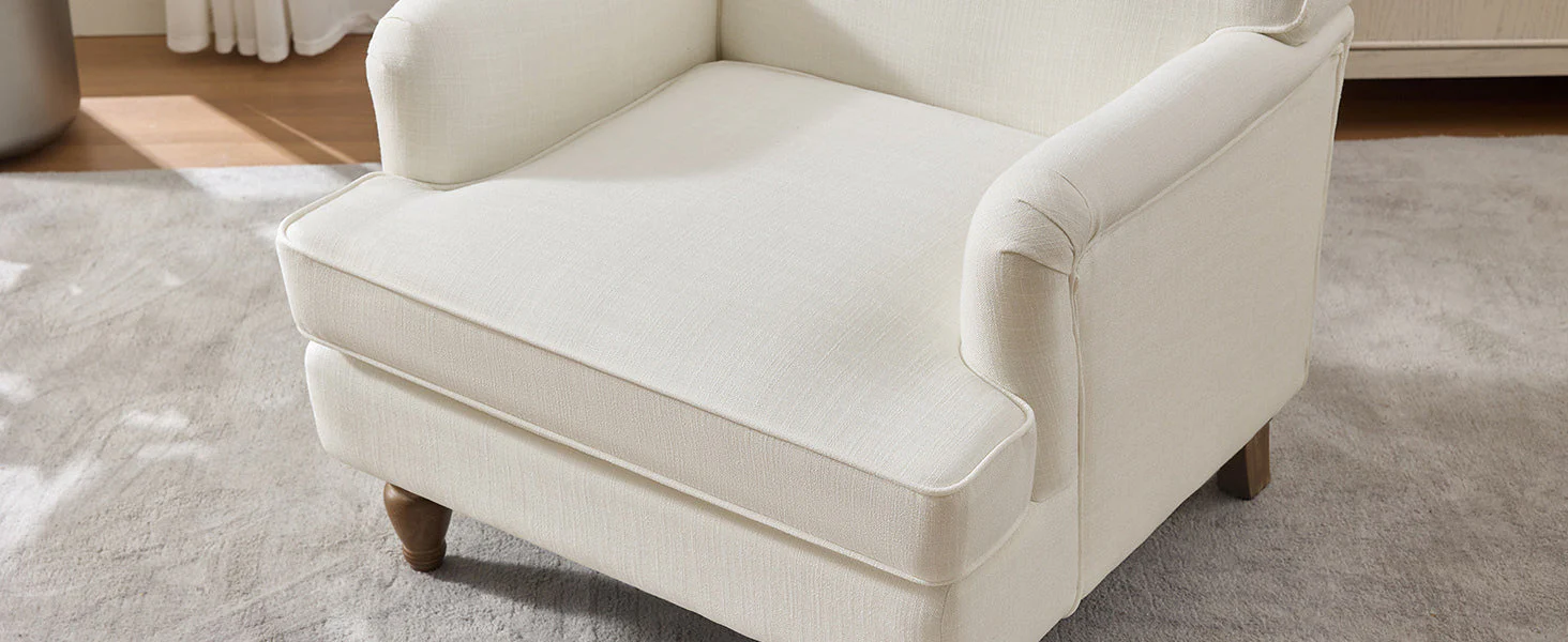 Vintage Upholstered Linen Fabric Armchair with Antique Solid Wood Legs - Image 16