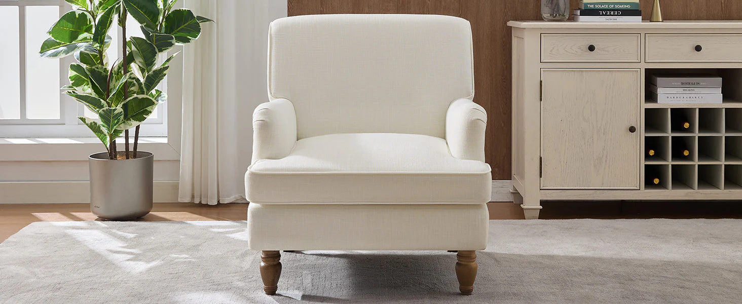 Vintage Upholstered Linen Fabric Armchair with Antique Solid Wood Legs - Image 17