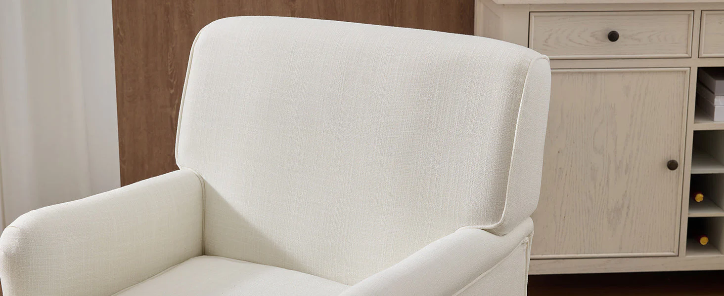 Vintage Upholstered Linen Fabric Armchair with Antique Solid Wood Legs - Image 18
