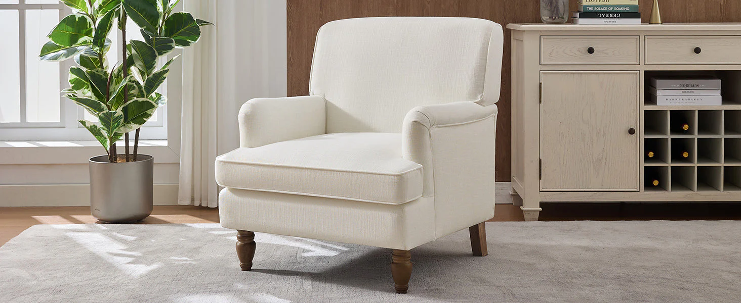 Vintage Upholstered Linen Fabric Armchair with Antique Solid Wood Legs - Image 19