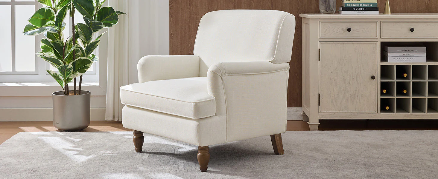 Vintage Upholstered Linen Fabric Armchair with Antique Solid Wood Legs - Image 20