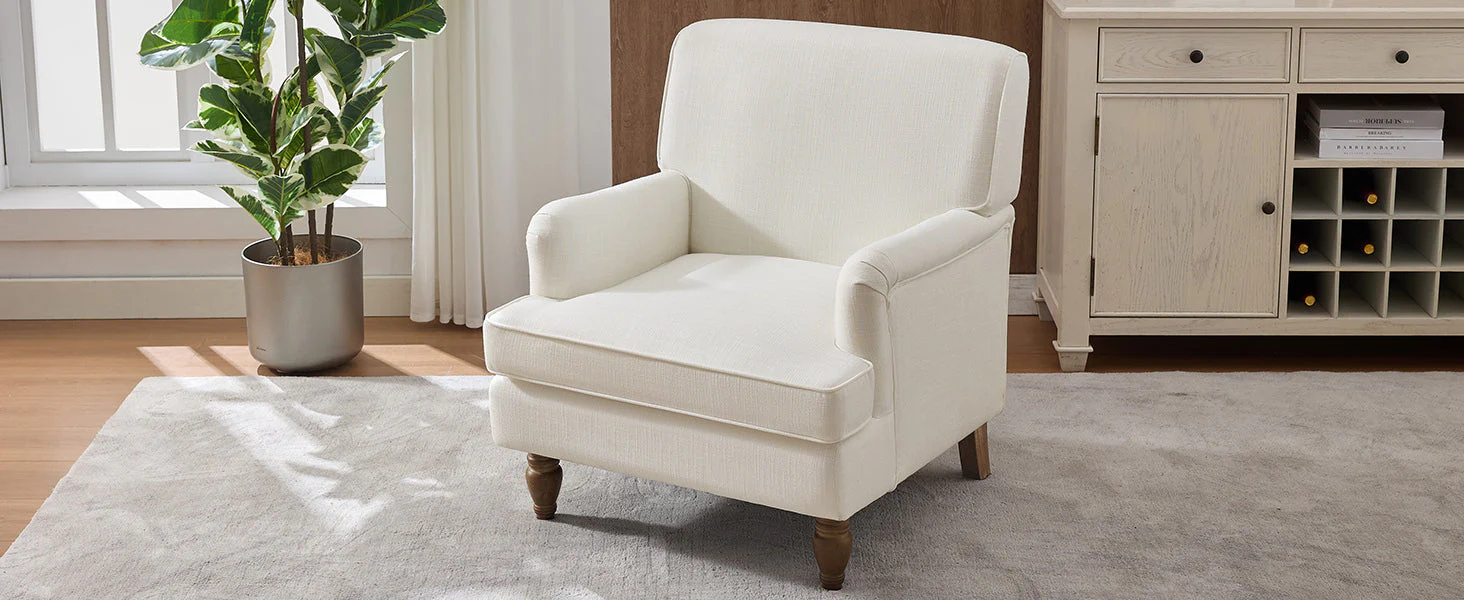Vintage Upholstered Linen Fabric Armchair with Antique Solid Wood Legs - Image 21