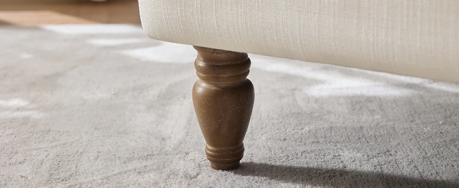 Vintage Upholstered Linen Fabric Armchair with Antique Solid Wood Legs - Image 22