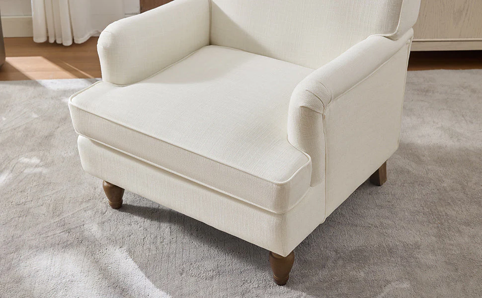 Vintage Upholstered Linen Fabric Armchair with Antique Solid Wood Legs - Image 9