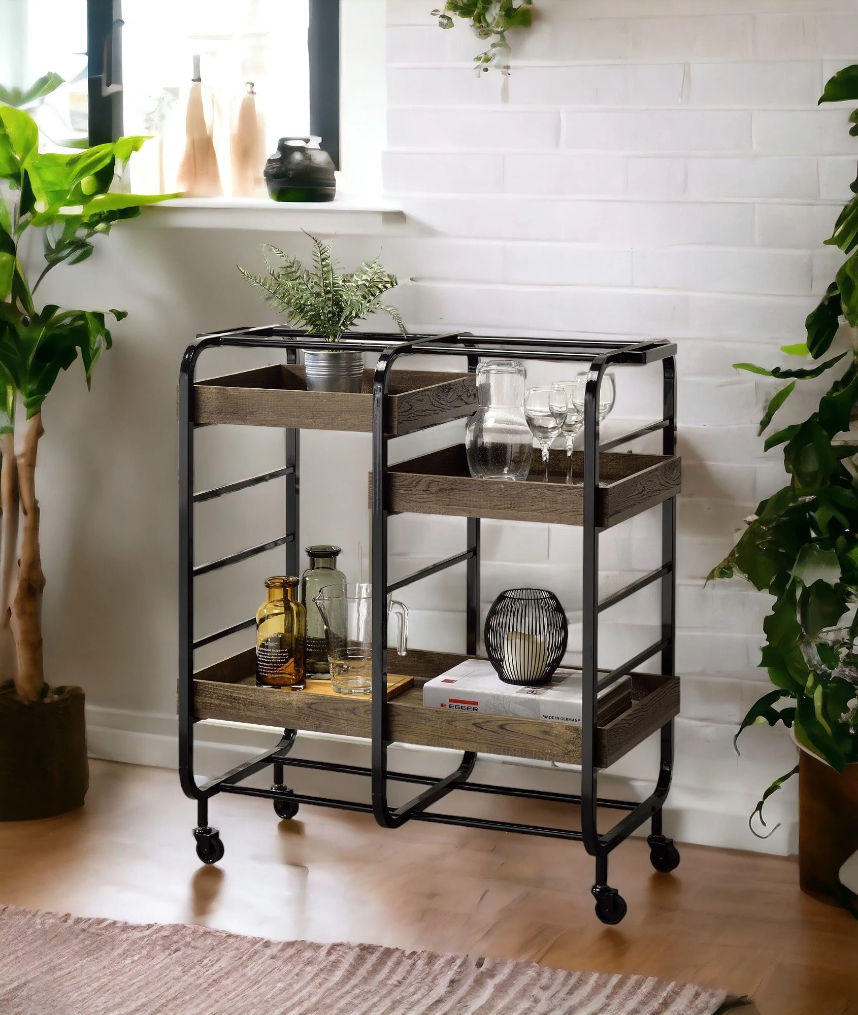 Vorrik Black & Walnut Finish Serving Cart - Image 3