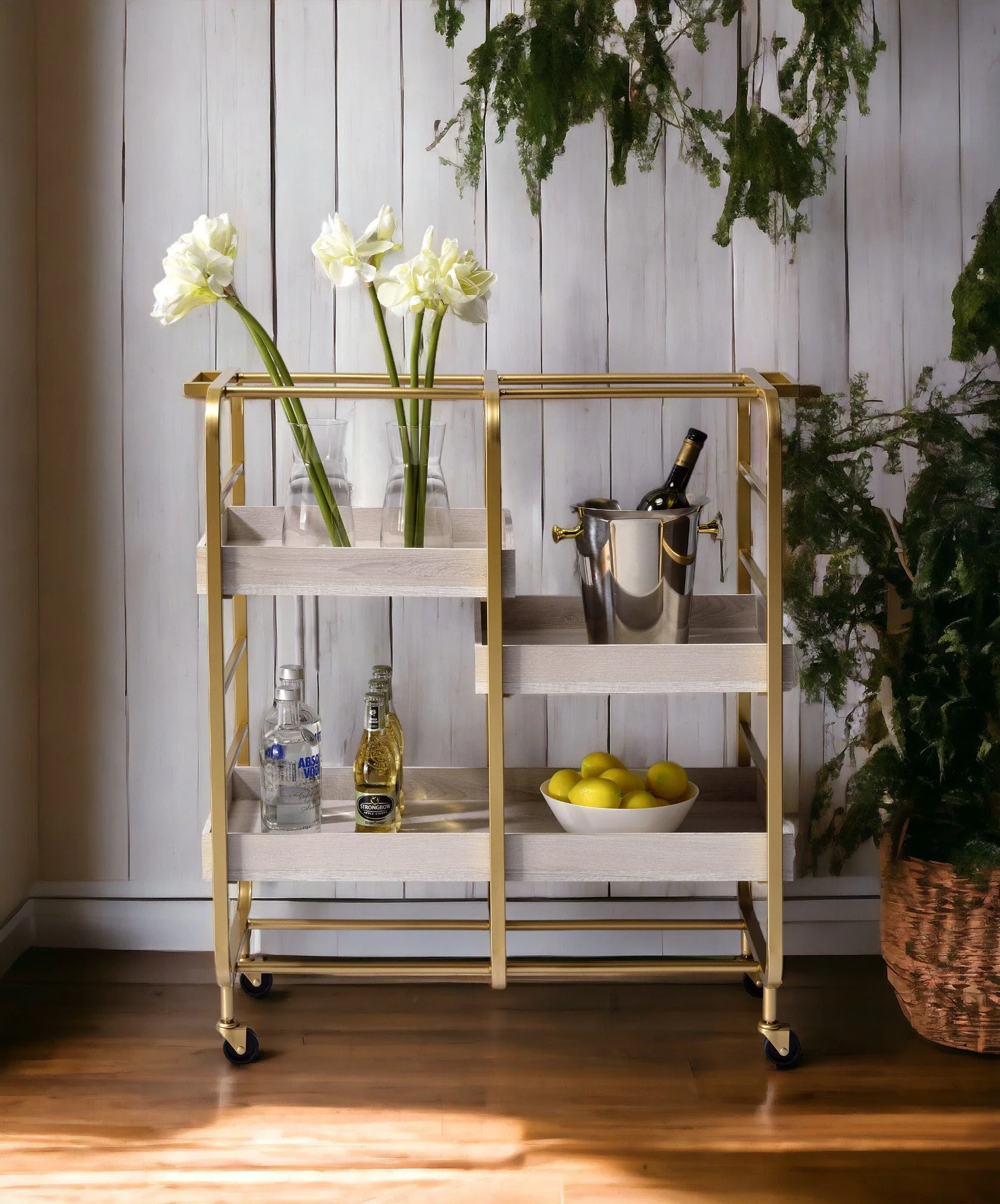 Vorrik Gold & White Washed Finish Serving Cart - Image 3