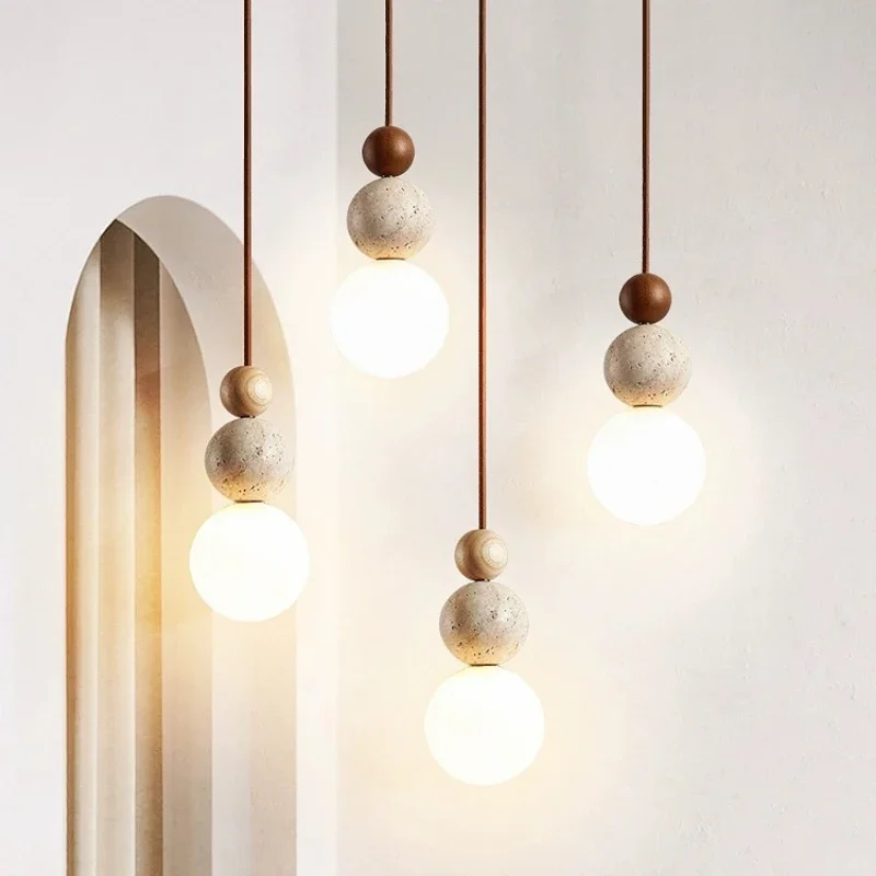 Wabi Sabi LED Pendant Light Stone Wood Modern Chandelier for Living Room - Image 4