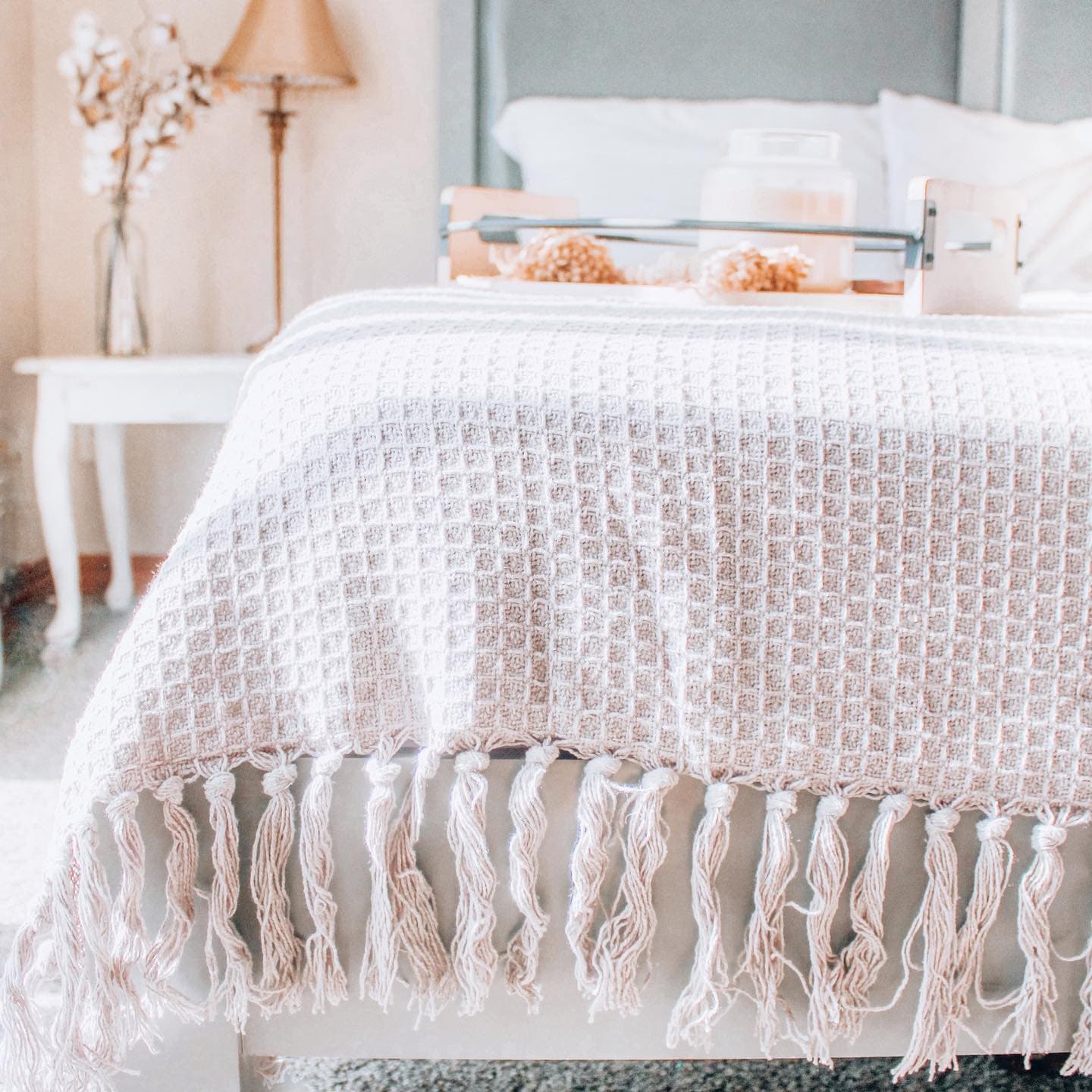 Waffle Cotton Knit Tassel Fringe Blanket/Coverlet - Image 15