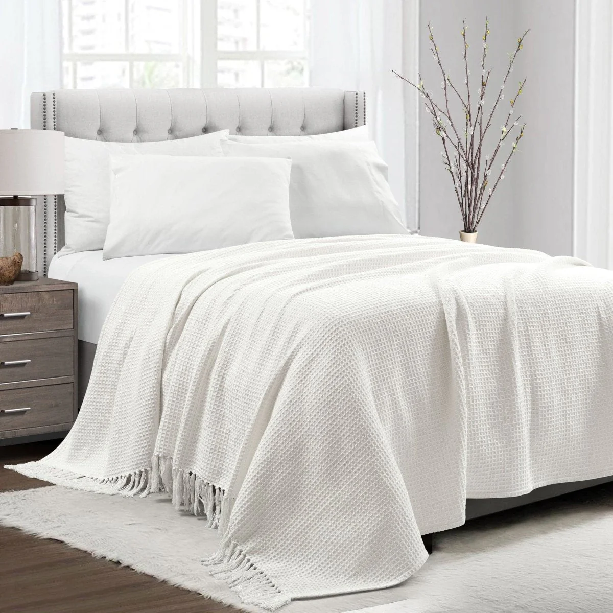 Waffle Cotton Knit Tassel Fringe Blanket/Coverlet - Image 2