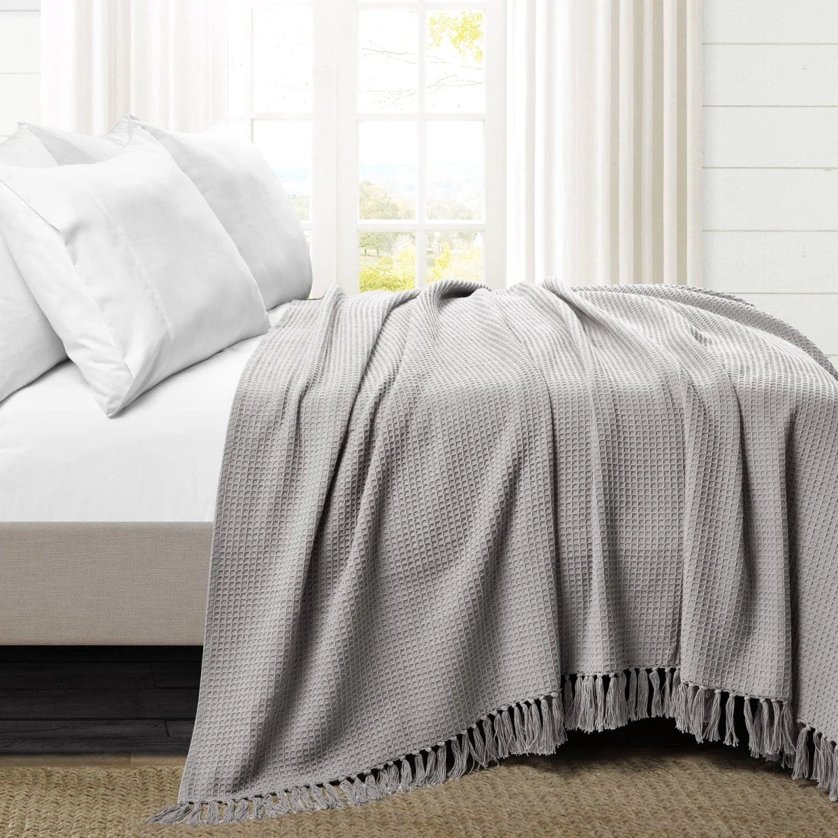 Waffle Cotton Knit Tassel Fringe Blanket/Coverlet - Image 3