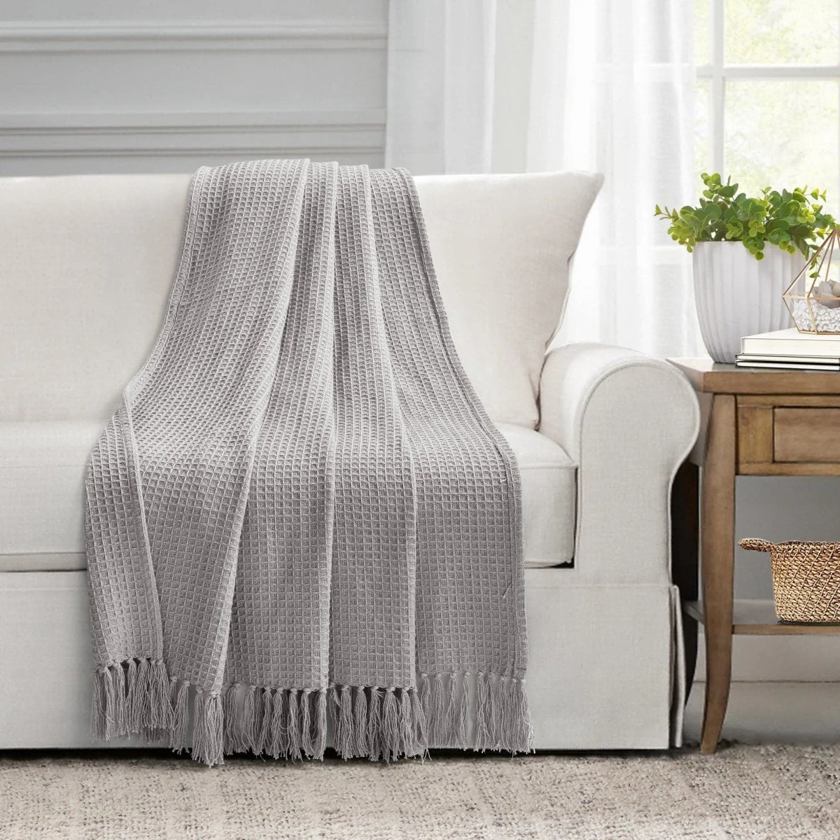Waffle Cotton Knit Tassel Fringe Throw - Image 2