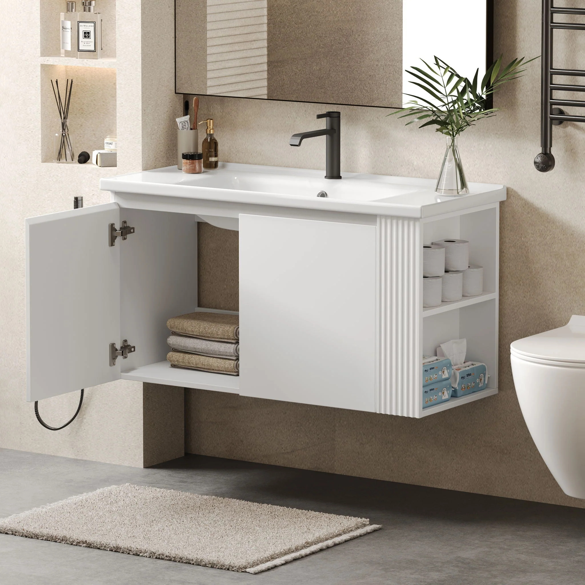 Wall Mounted Bathroom Vanity With Sink, 2 Open Shelves - White - Image 2