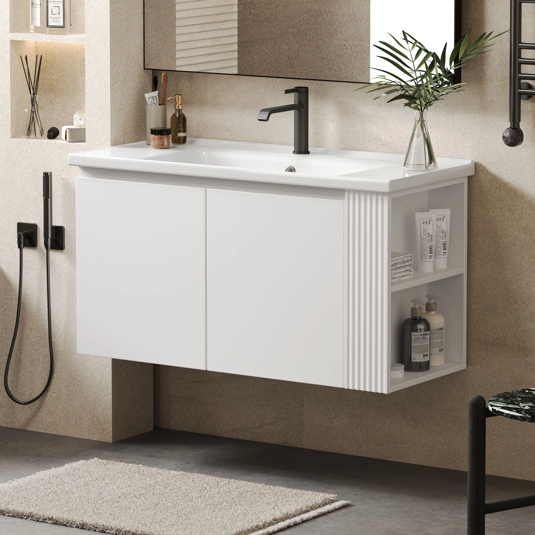 Wall Mounted Bathroom Vanity With Sink, 2 Open Shelves - White - Image 3