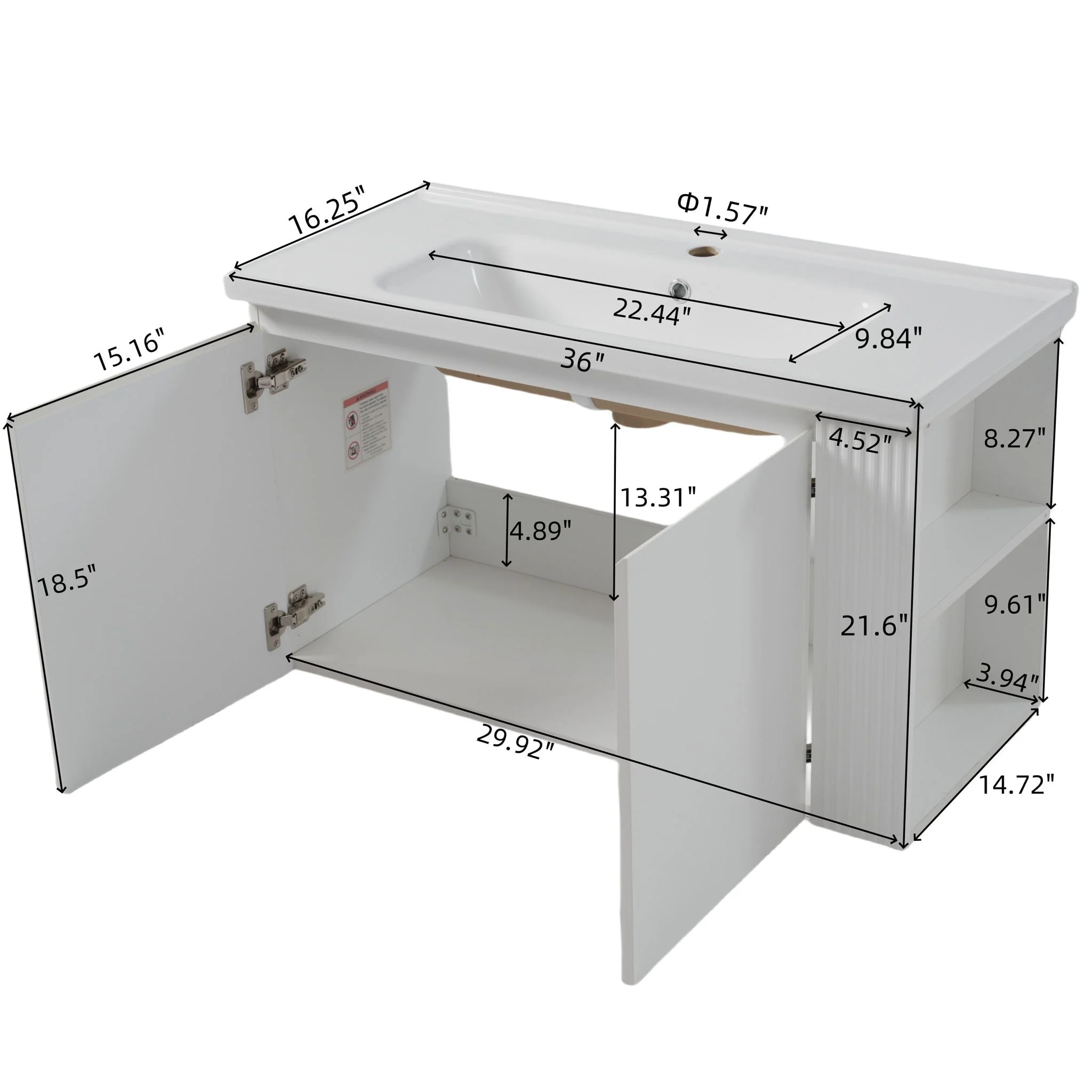 Wall Mounted Bathroom Vanity With Sink, 2 Open Shelves - White - Image 4