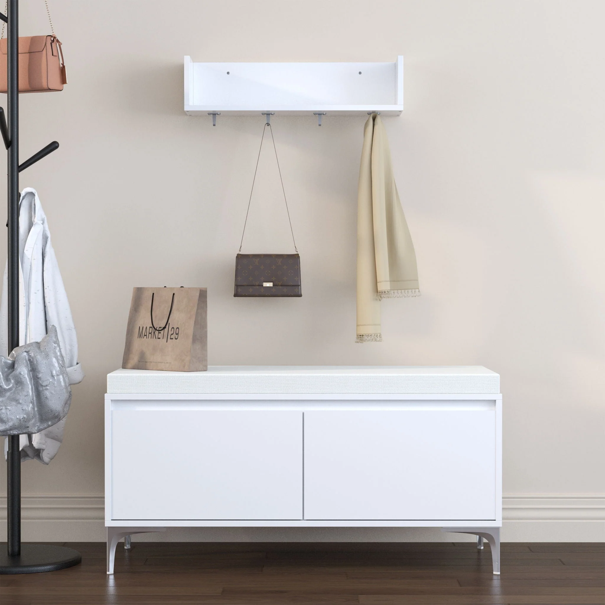 Wall Mounted Entryway Shelf With Hooks And Storage Bench Set - Off White - Image 2