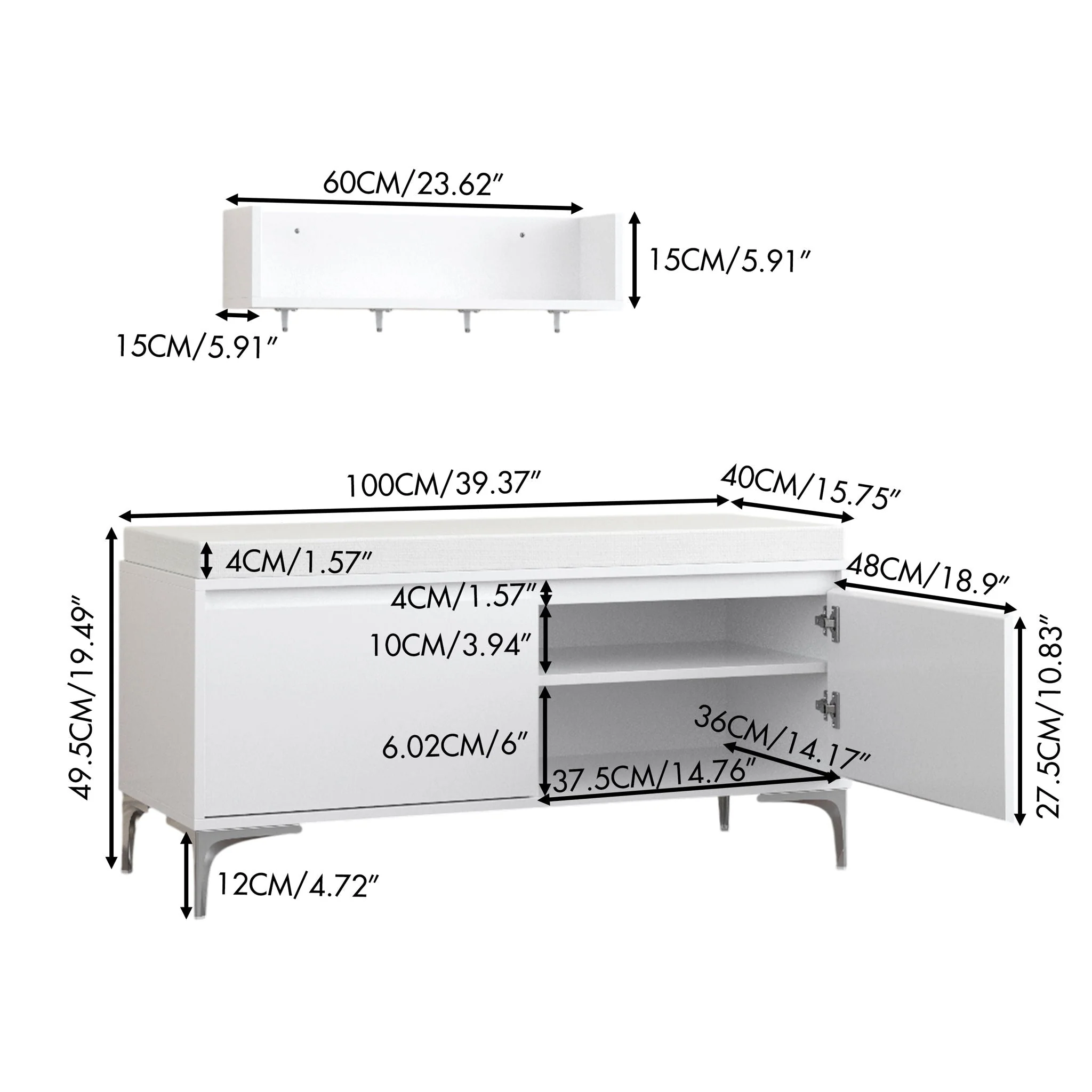 Wall Mounted Entryway Shelf With Hooks And Storage Bench Set - Off White - Image 3