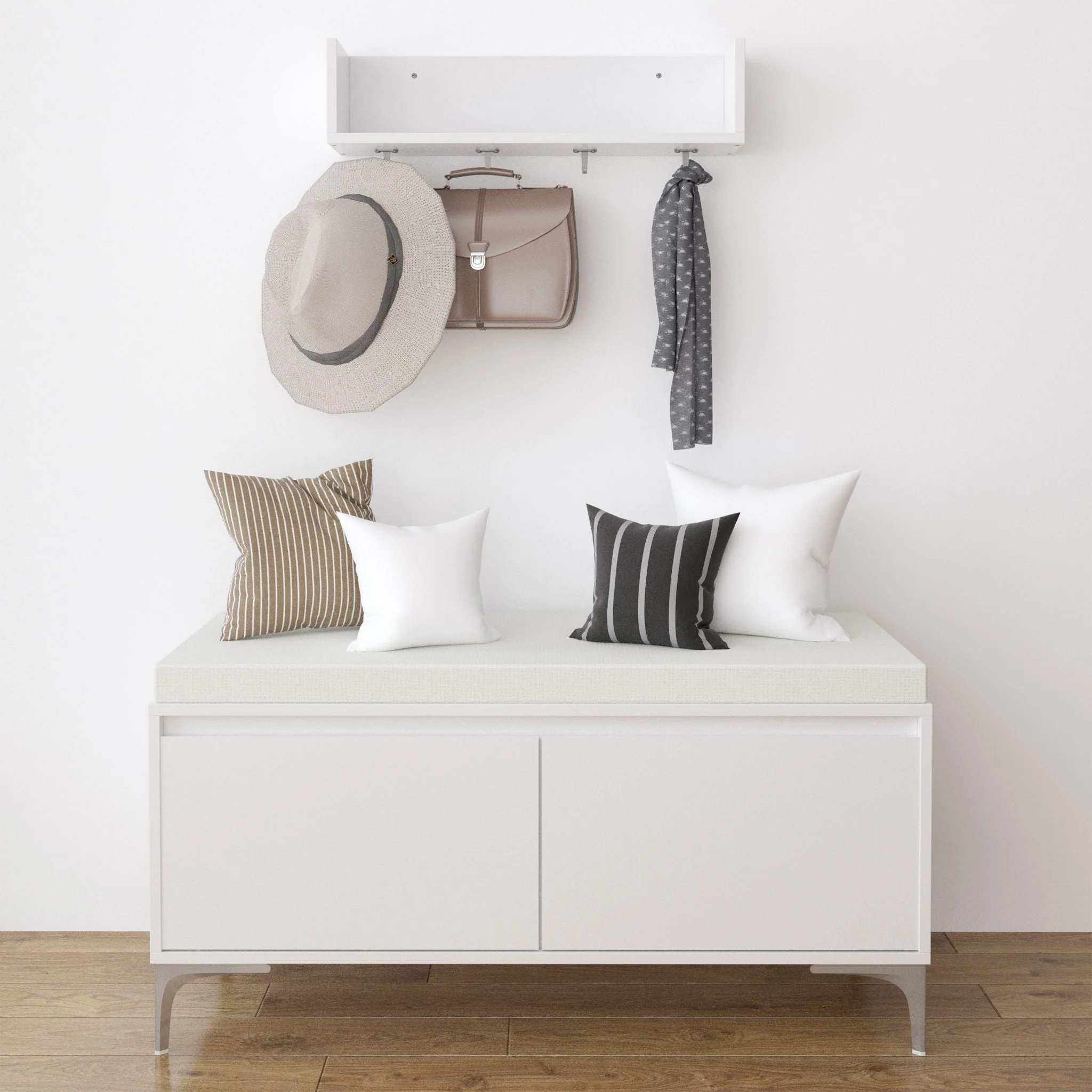 Wall Mounted Entryway Shelf With Hooks And Storage Bench Set - Off White - Image 4