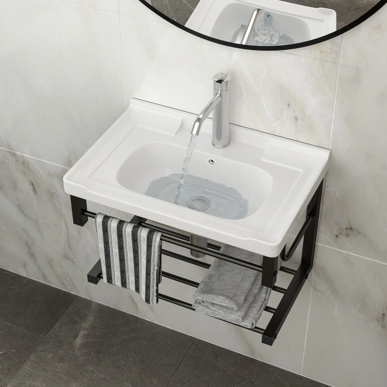 Wall Mounted Rectangular Bathroom Sink With Towel Bar & Overflow - White - Image 3