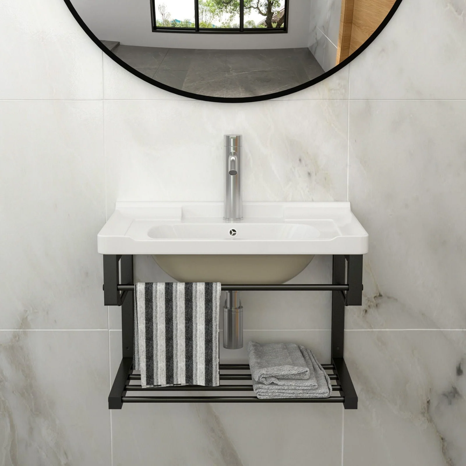 Wall Mounted Rectangular Bathroom Sink With Towel Bar & Overflow - White - Image 4