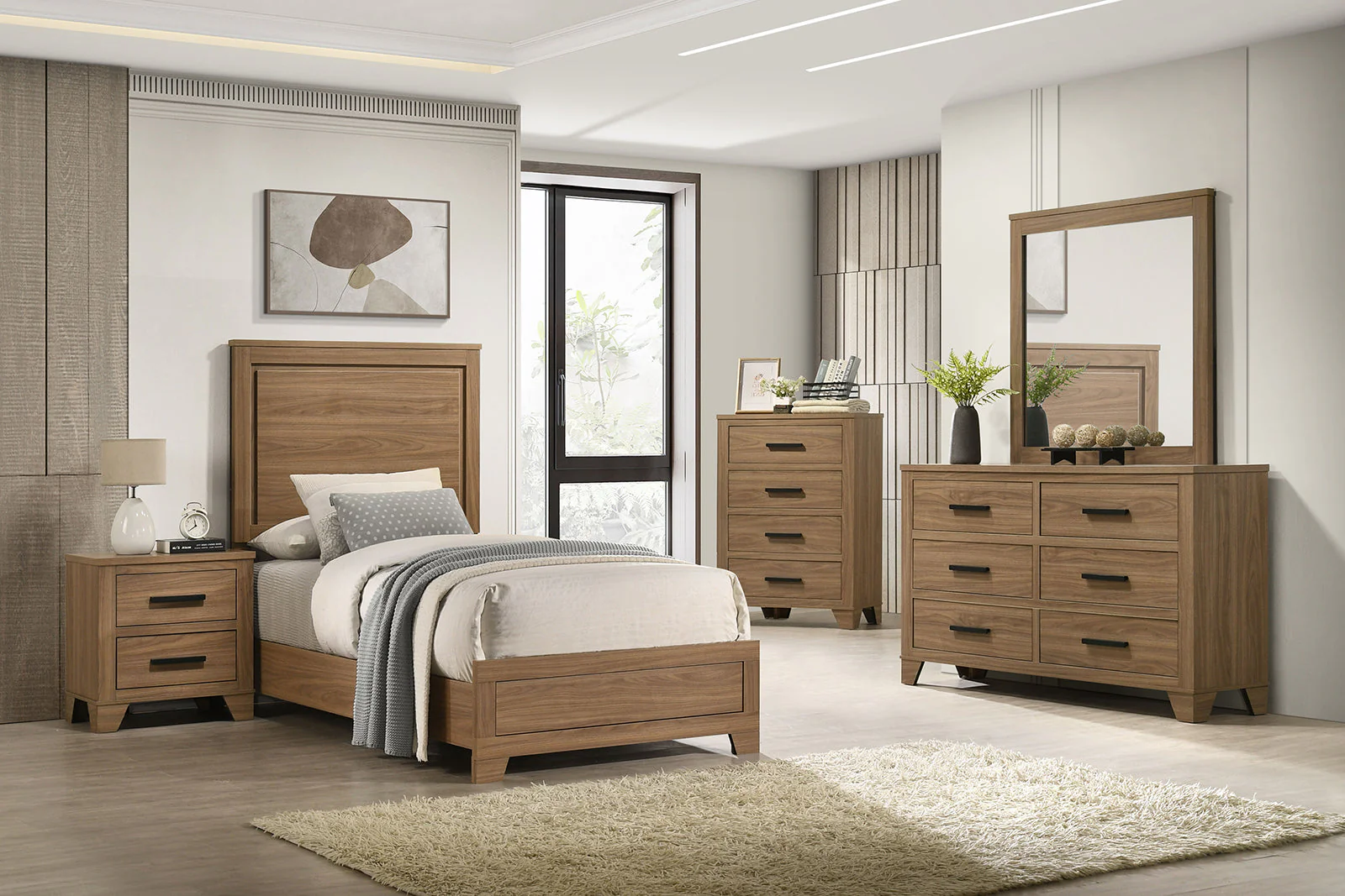 Walnut Chestnut 3pc Twin Size Bedroom Set with Nightstands - Image 14