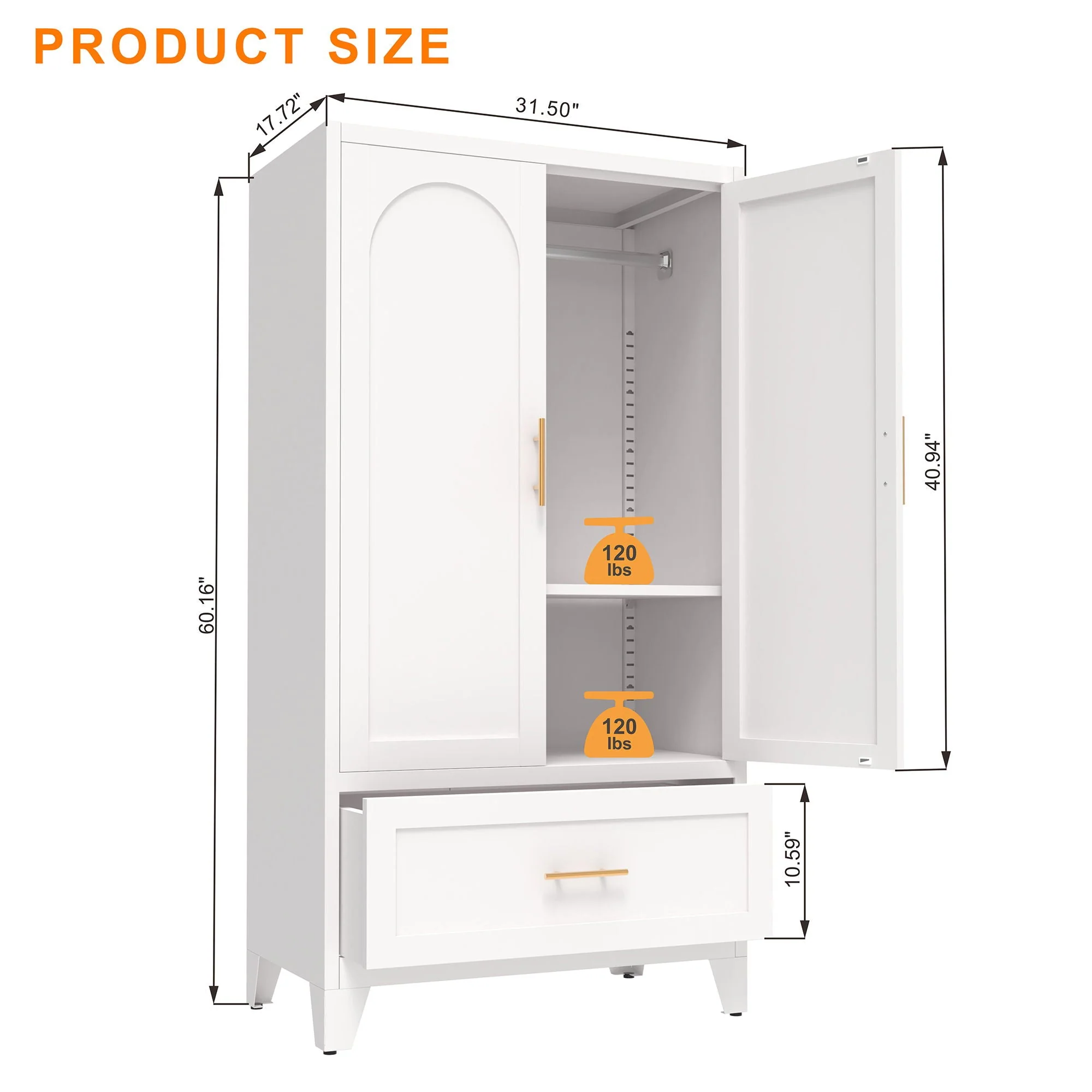 Wardrobe Cabinet With 1 Drawer And Hanging Rod, 2 Doors Closet With Shelf For Bedroom - White - Image 2
