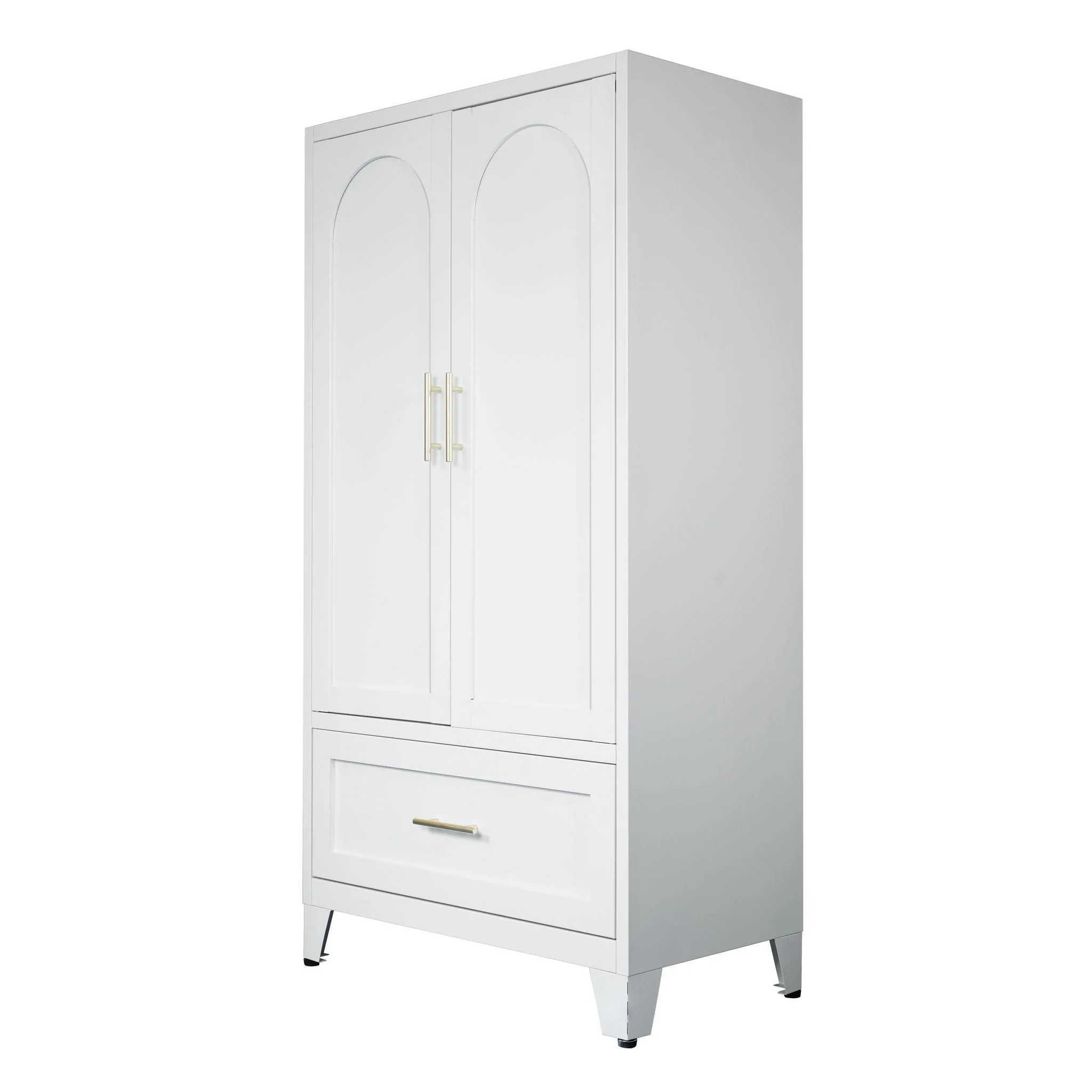 Wardrobe Cabinet With 1 Drawer And Hanging Rod, 2 Doors Closet With Shelf For Bedroom - White - Image 3