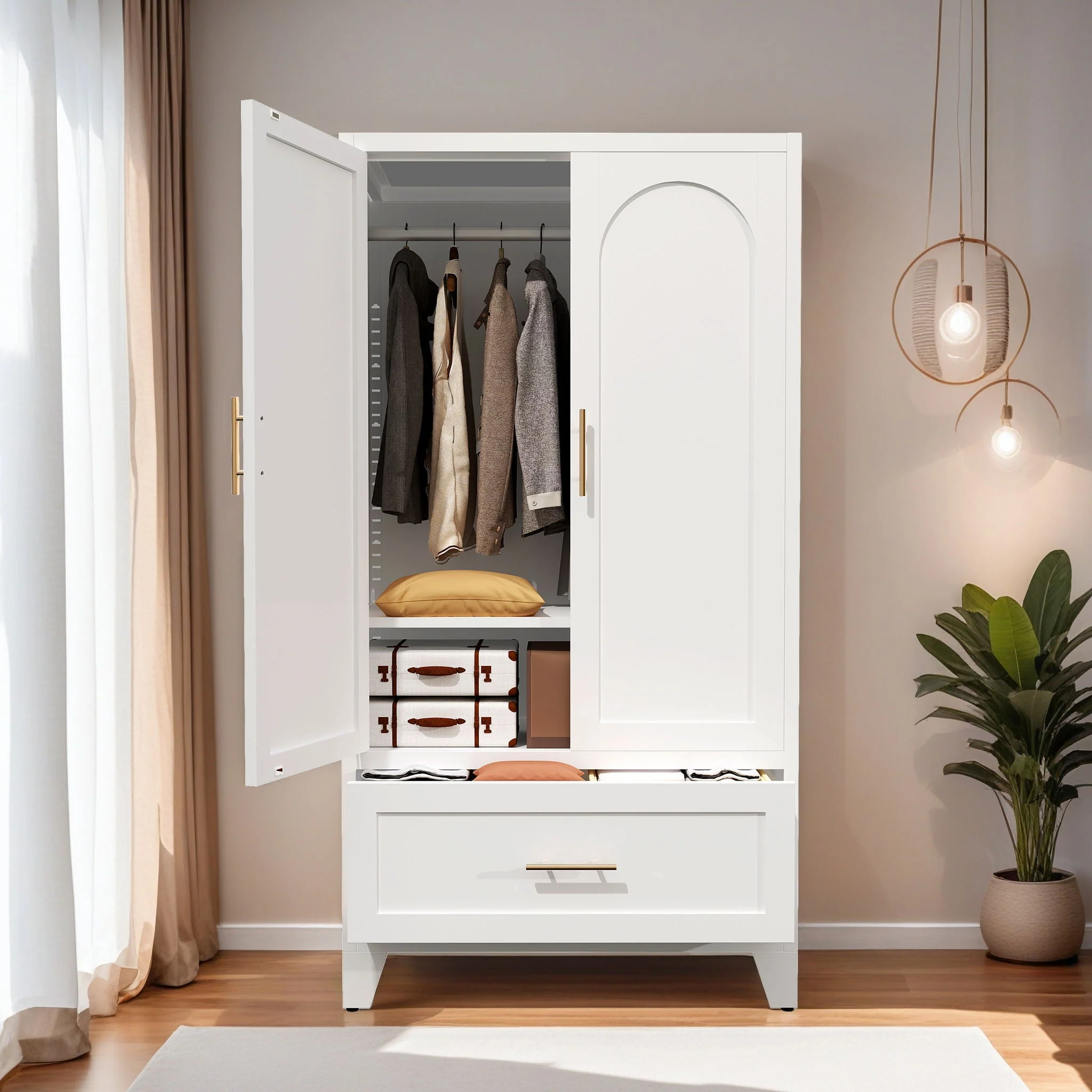 Wardrobe Cabinet With 1 Drawer And Hanging Rod, 2 Doors Closet With Shelf For Bedroom - White - Image 4