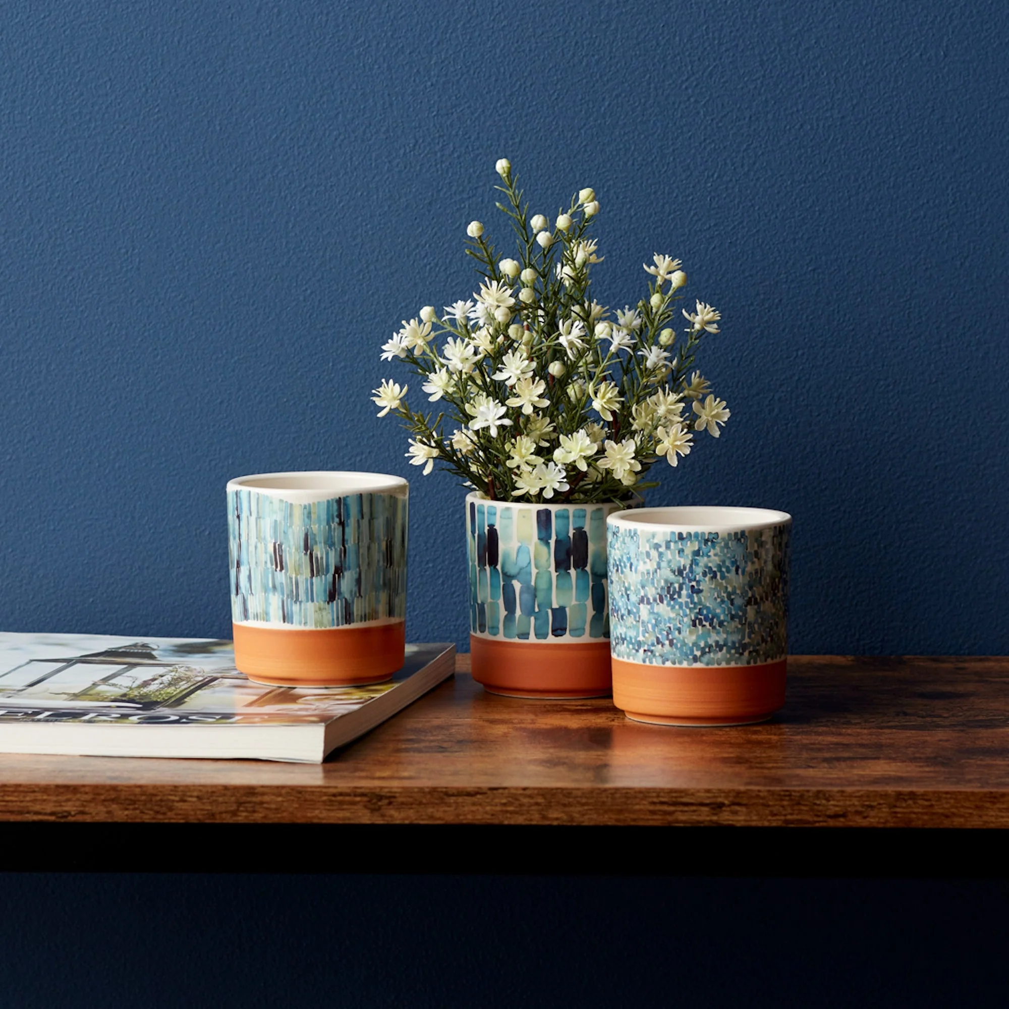 Watercolor Planter with Terra Cotta Accent (Set of 3) - Image 2