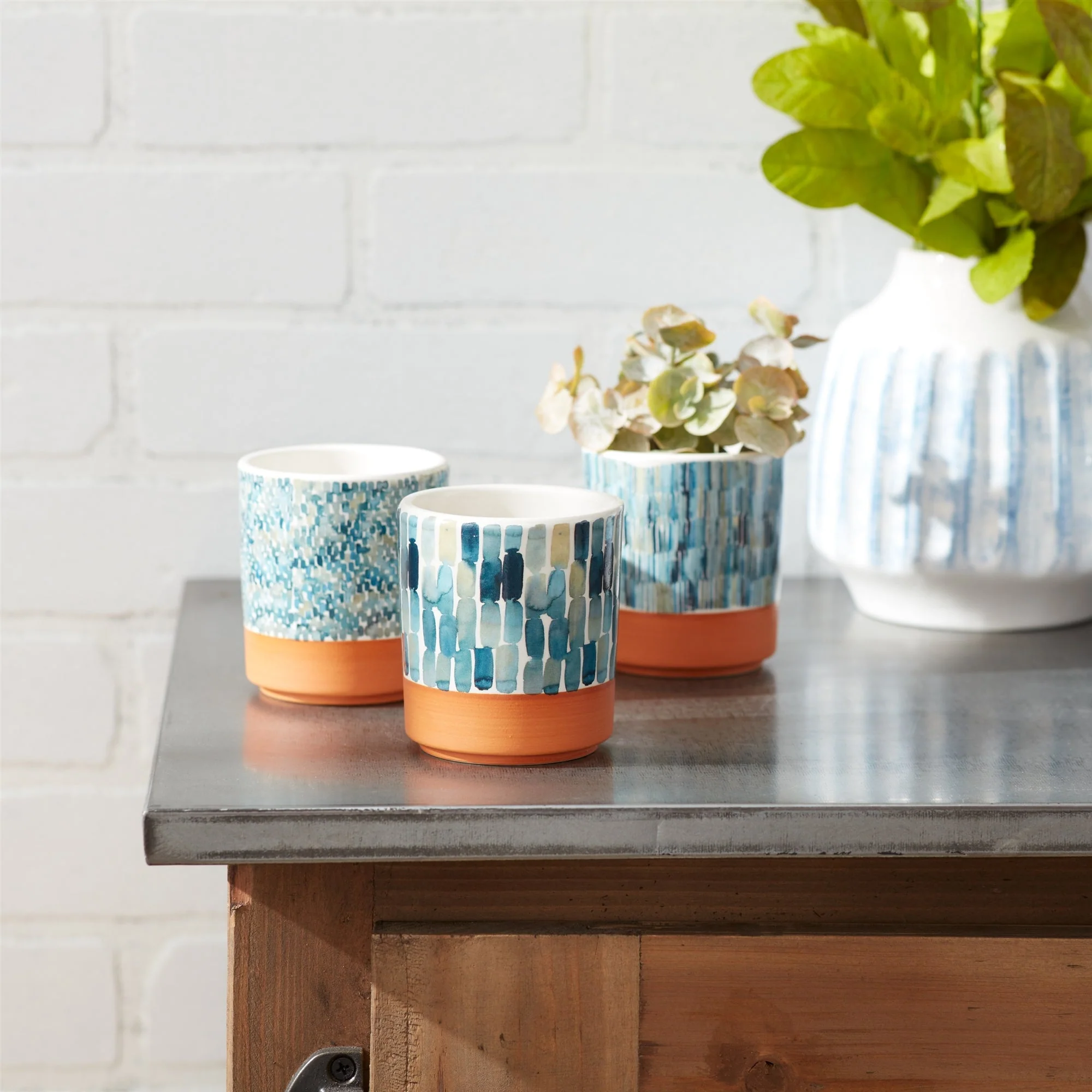Watercolor Planter with Terra Cotta Accent (Set of 3) - Image 3