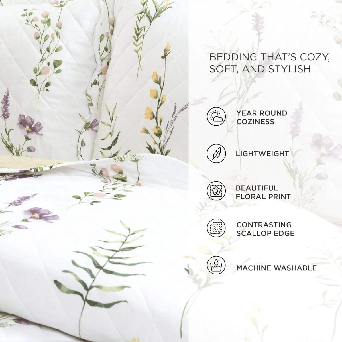 Watercolor Wildflower Scallop Edge Floral 3 Piece Quilt Set - Image 7