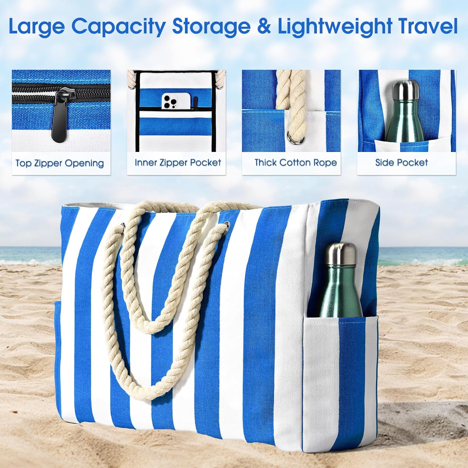 Waterproof Oversized Beach Tote Bag 20L Sandproof Zip Travel Carryall - Image 28