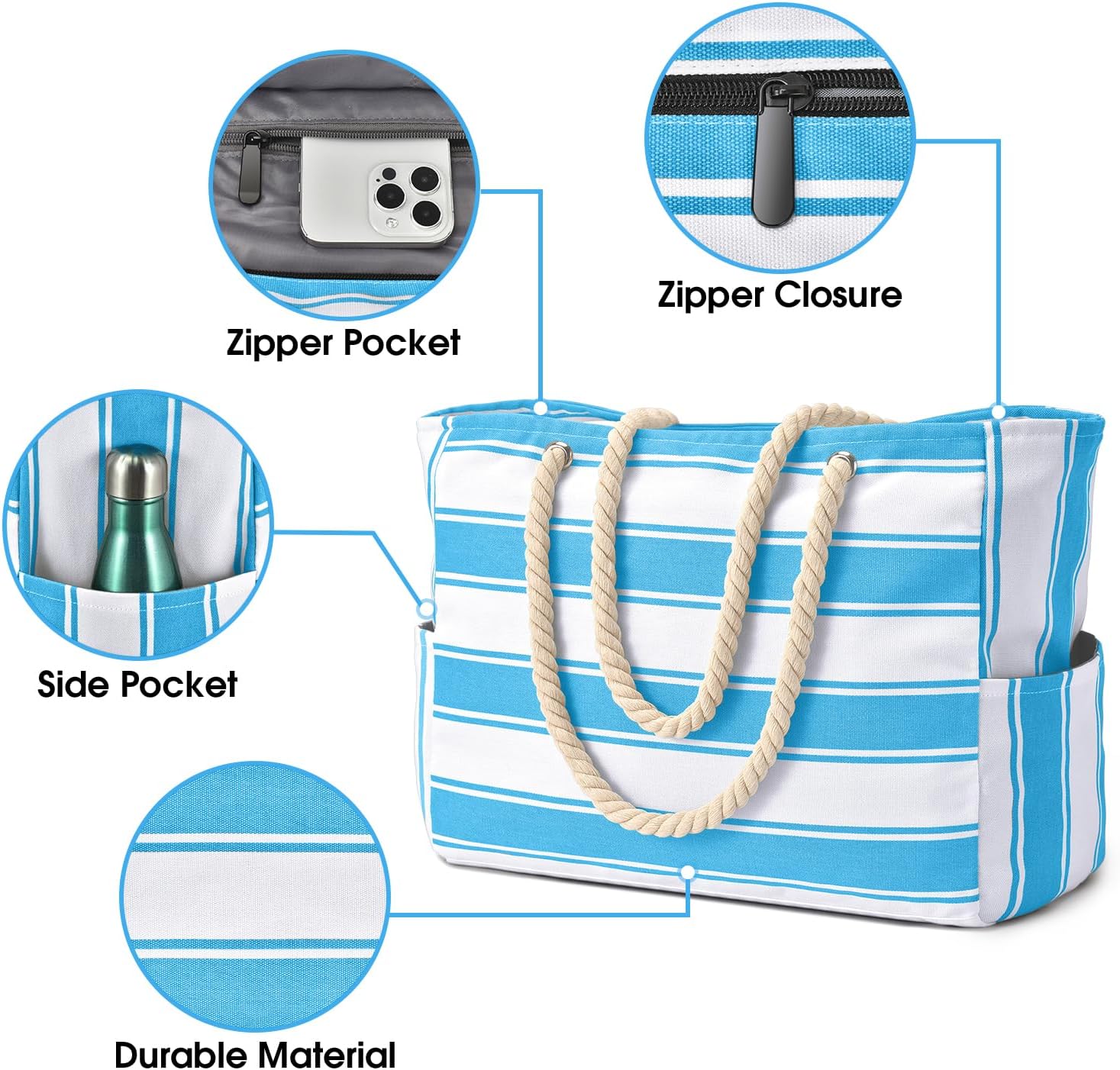 Waterproof Oversized Beach Tote Bag 20L Sandproof Zip Travel Carryall - Image 4