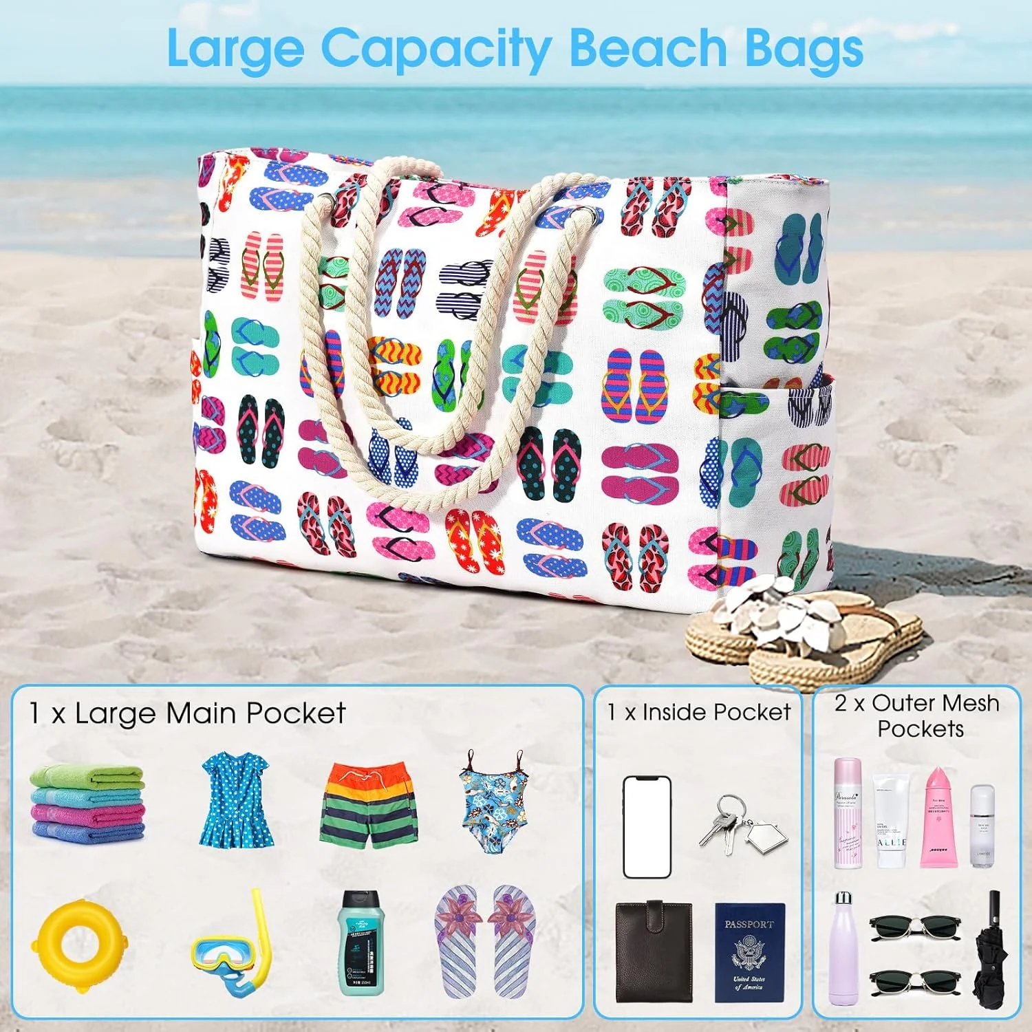 Waterproof Oversized Beach Tote Bag 20L Sandproof Zip Travel Carryall - Image 53