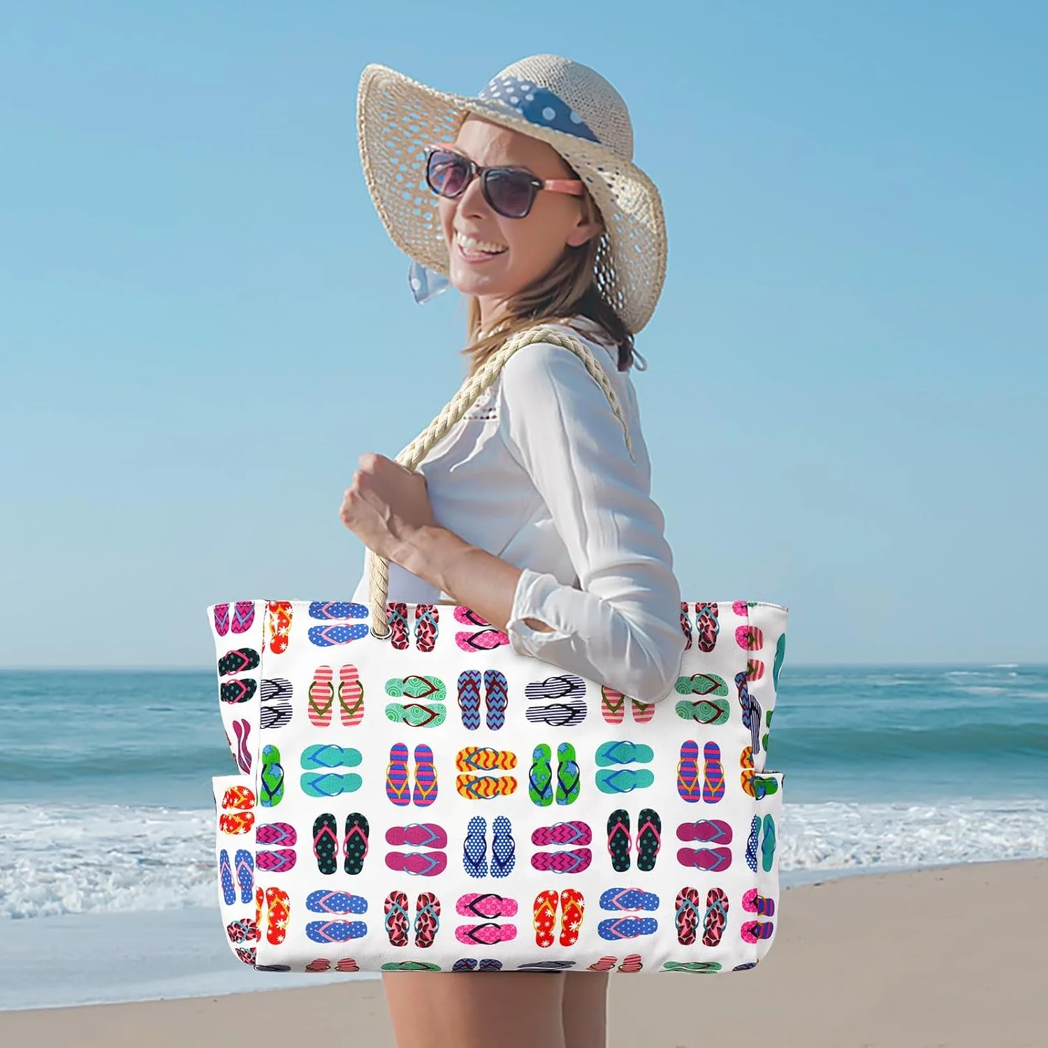 Waterproof Oversized Beach Tote Bag 20L Sandproof Zip Travel Carryall - Image 55