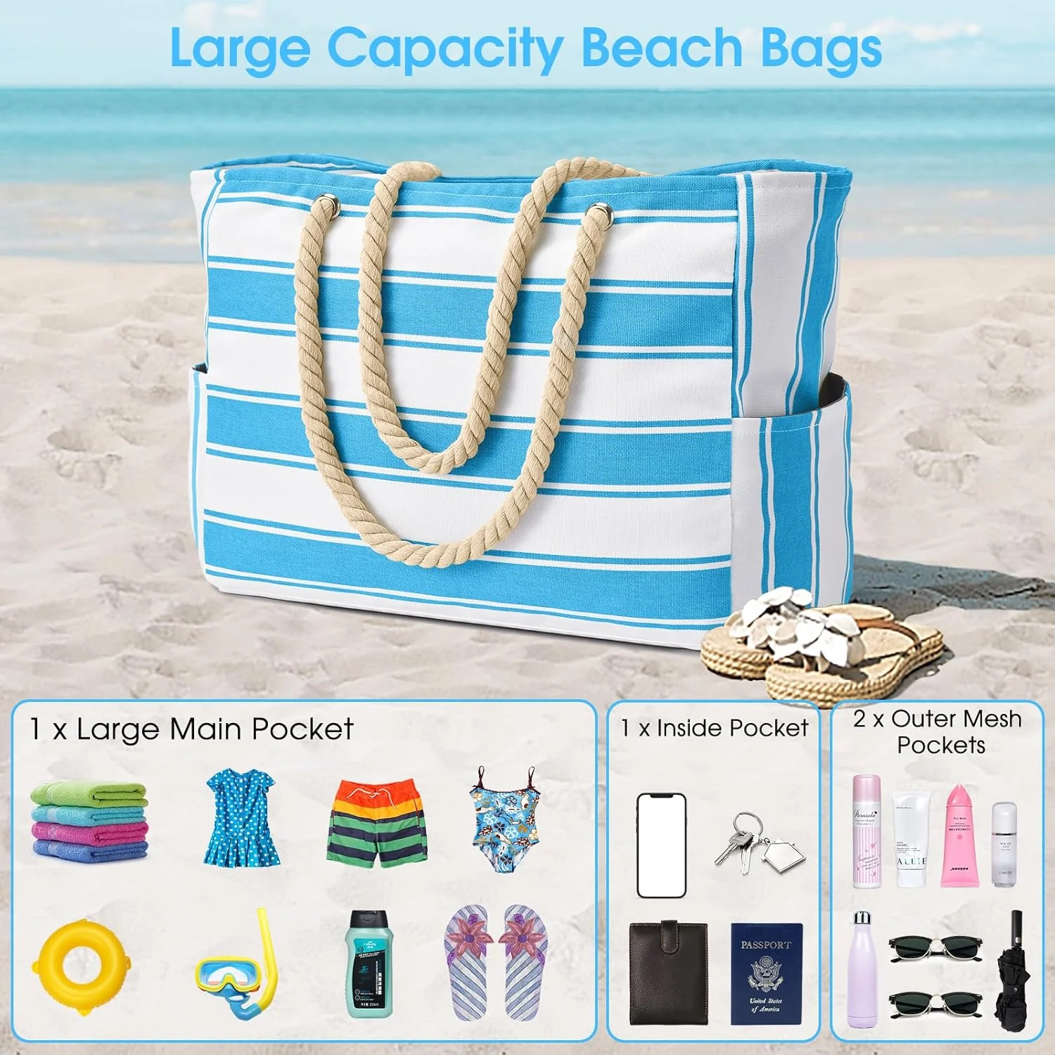 Waterproof Oversized Beach Tote Bag 20L Sandproof Zip Travel Carryall - Image 6