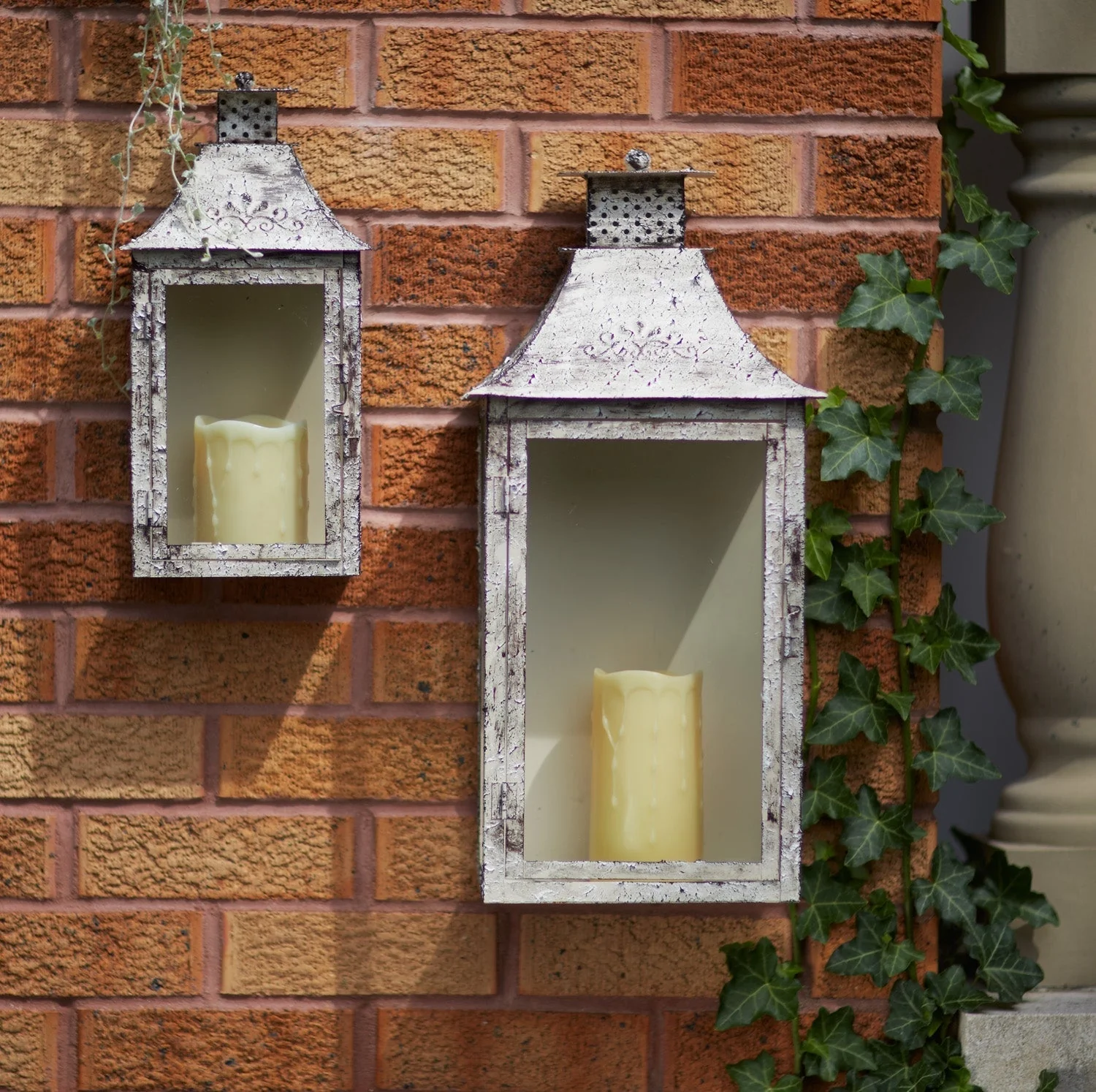 Weathered metal lantern with backing (set of 2)