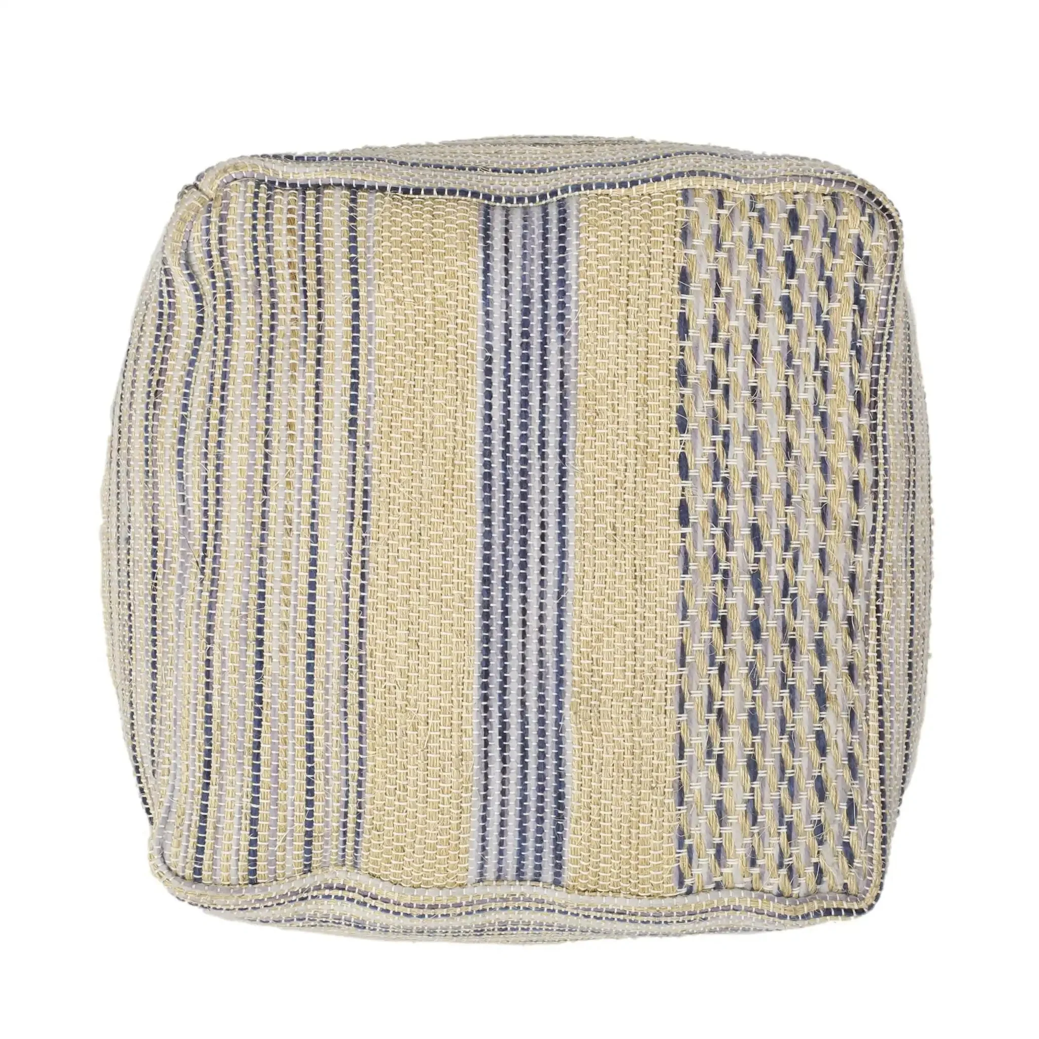 Western Handcrafted Fabric Pouf Durable Natural and Blue - Image 4